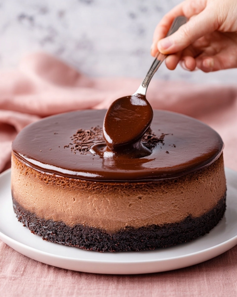 A round chocolate cheesecake with three distinct layers sits on a white plate: the bottom layer is dark and crumbly, the middle layer is smooth and milk chocolate brown, and the top layer is a thick, glossy dark chocolate ganache being spread by a woman's hand holding a silver spoon. The background is a soft pink cloth over a white marbled texture. photo taken with an iphone --ar 4:5 --v 7