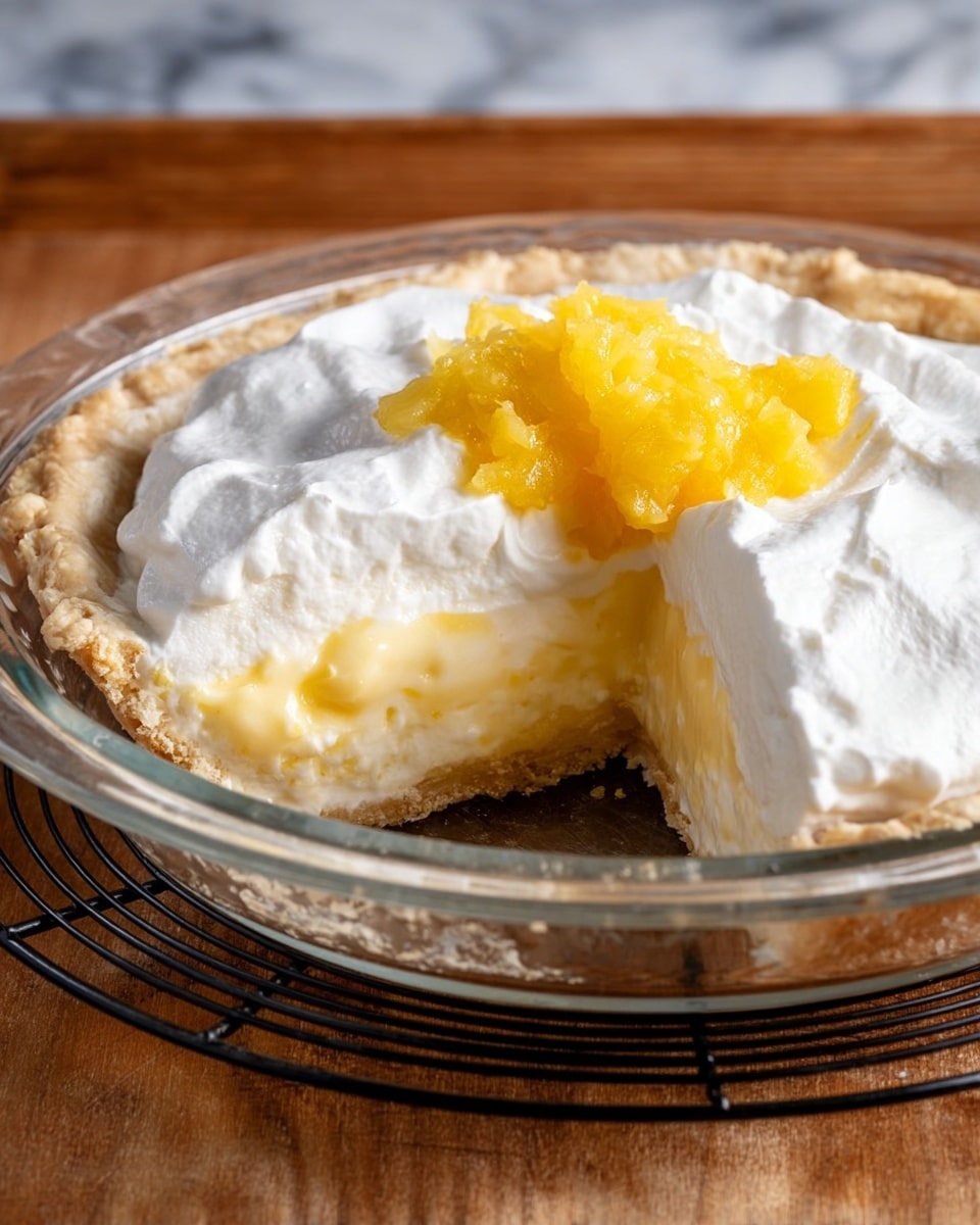 A slice of lemon cream pie sits on a white plate with a gold rim placed on a wooden tray, which rests on a white marbled surface. The pie has three layers: the bottom layer is a light tan flaky crust, the middle layer is a soft, yellow creamy lemon filling with a slightly textured surface, and the top layer is a thick, fluffy white whipped cream spreading unevenly with a small amount of yellow lemon zest on one side. A silver fork lies in front of the pie slice on the plate. Photo taken with an iphone --ar 4:5 --v 7