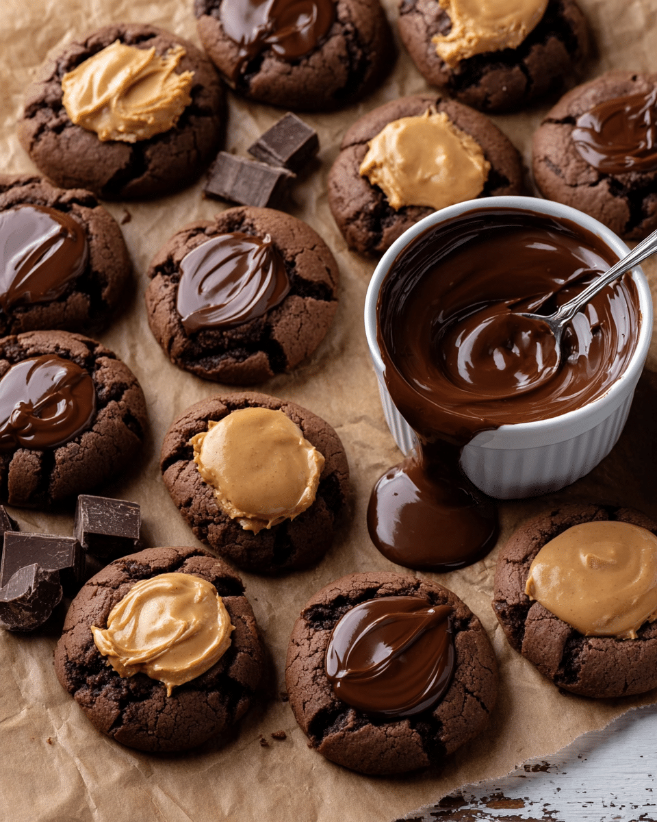 The image shows several chocolate cookies with two different toppings on each one, arranged on brown parchment paper over a white marbled surface. Each cookie has two layers: the base is a dark brown, cracked, soft cookie, topped with a thick dollop of either light tan peanut butter or smooth shiny dark chocolate ganache that covers the peanut butter. In the center right, there is a small white ramekin filled with glossy dark chocolate ganache with a silver spoon inside, some ganache dripping from the side. Small chunks of dark chocolate are scattered around. The overall look is rich and inviting with a mix of smooth and textured surfaces. Photo taken with an iphone --ar 4:5 --v 7
