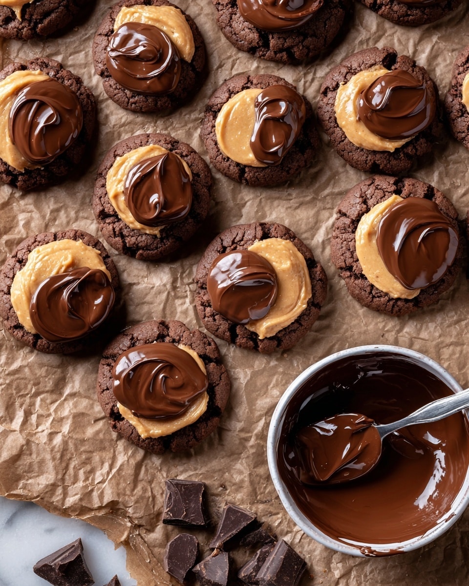 This image shows many chocolate cookies arranged on crumpled brown parchment paper set on a white marbled surface. Each cookie has two layers: the bottom is a round, cracked dark chocolate cookie with a rough texture, then a peanut butter dollop in the middle, light tan in color and smooth but slightly uneven. Some cookies have an extra top layer of shiny, melted dark chocolate that covers the peanut butter almost fully, with smooth, glossy swirls and a few drips on the sides. Towards the bottom right, there is a white cup filled with shiny melted chocolate, and a spoon inside it with some chocolate clinging to the edges. There are also broken dark chocolate pieces scattered at the bottom near the cup. photo taken with an iphone --ar 4:5 --v 7