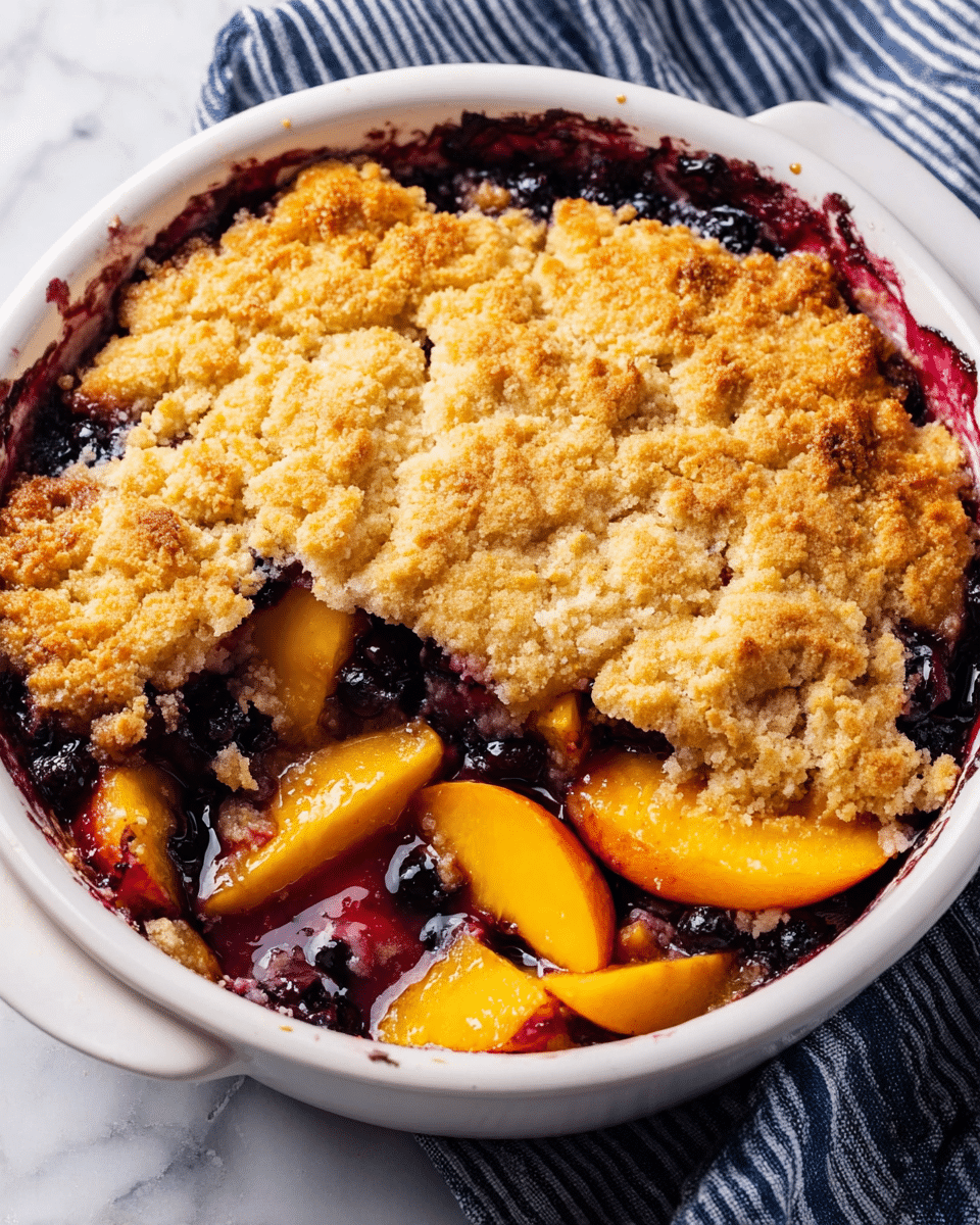 This image shows a round white baking dish filled with a fruit cobbler. The top layer is a golden-brown crust with a rough, crumbly texture, unevenly covering the dish. Below the crust is a colorful fruit layer with bright orange peach slices and deep purple blueberries, some of which have released juice that stains the edges of the white dish. A portion of the crust is missing, revealing the juicy fruit underneath. The dish is placed on a white marbled surface with a striped cloth nearby. photo taken with an iphone --ar 4:5 --v 7