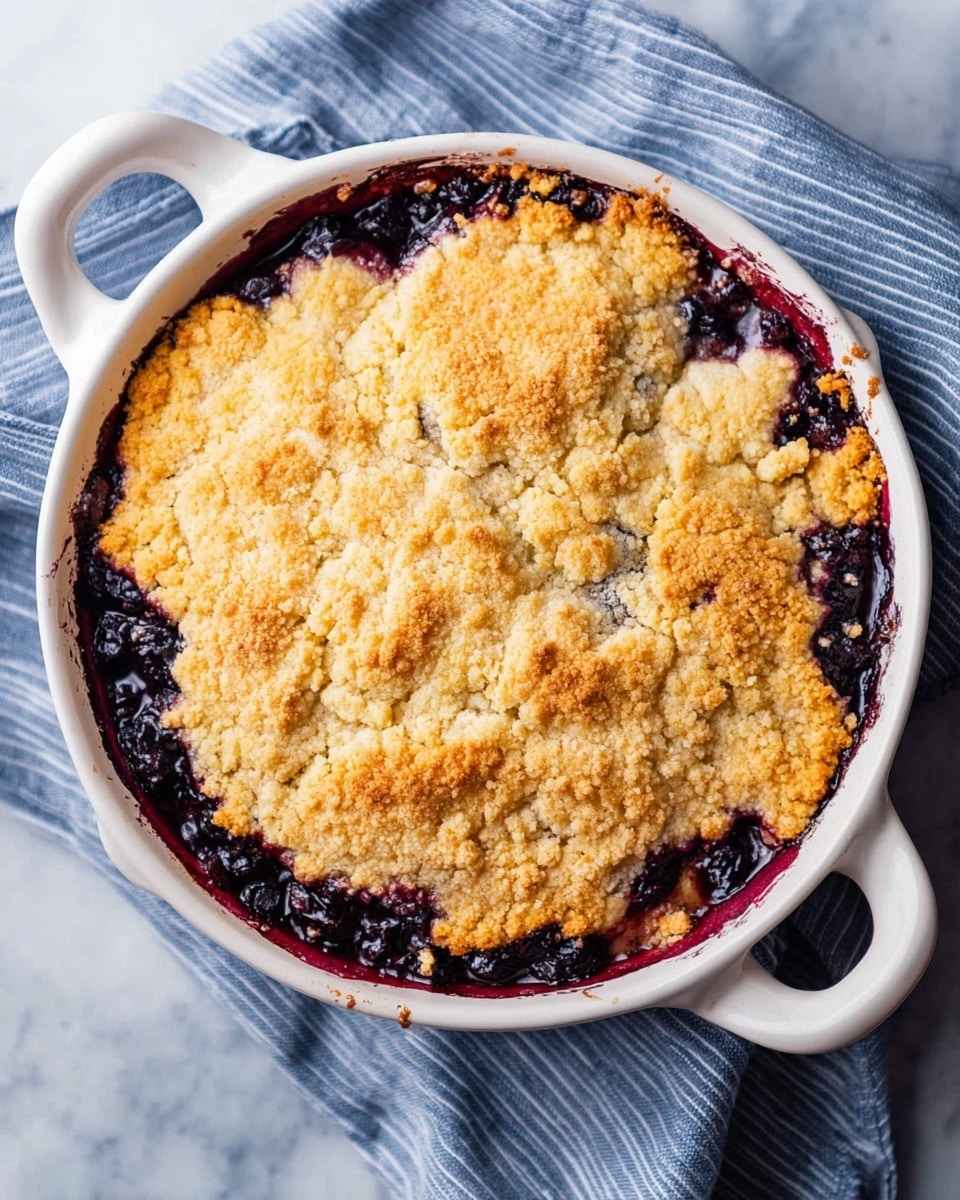 A white round baking dish with two handles holds a baked dessert with a thick golden-brown crumbly crust on top. Underneath the crust, dark purple fruit filling is visible along the edges, slightly bubbling over the sides. The crust has a rough texture with some small cracks and uneven patches, showing a homemade look. The dish sits on a soft striped cloth over a white marbled surface. photo taken with an iphone --ar 4:5 --v 7