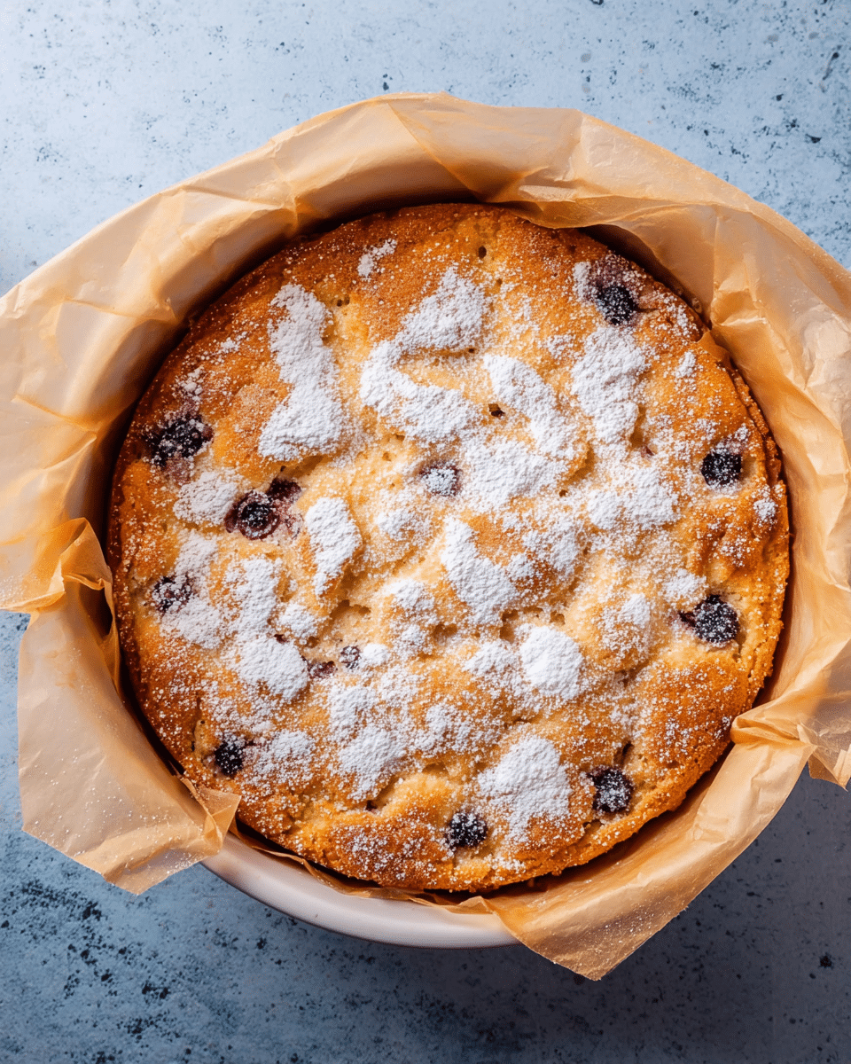 A round golden peach and blueberry cobbler sits on a black cooling rack, topped with a cracked, lightly browned crust sprinkled with white sugar patches. The crust shows uneven textures and small dark blueberry spots peeking through. Surrounding the cobbler are three whole ripe peaches with red and yellow skin, a white cloth folded loosely beside one peach, and a white bowl filled with fresh blueberries near the top right. A metal vintage pie server lies on the right side. All items rest on a dark blue surface changed to a white marbled texture. photo taken with an iphone --ar 4:5 --v 7