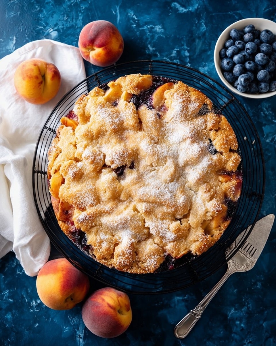 A round golden-brown baked cake with a slightly cracked surface sits in a white round dish lined with crumpled light brown parchment paper that extends over the edges. The top layer of the cake is sprinkled unevenly with white granulated sugar patches giving it a textured look. Small dark purple spots of berries peek through the golden crust in several places. The dish rests on a white marbled surface that contrasts with the warm colors of the cake and parchment paper. Photo taken with an iphone --ar 4:5 --v 7