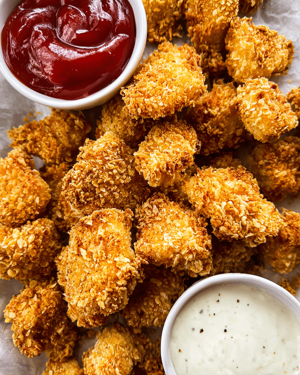A close-up view of many pieces of golden brown crispy fried chicken bites with a crunchy, textured coating, scattered loosely on a white marbled surface. On the top left side, there is a white bowl filled with thick red ketchup in a smooth swirl. On the bottom right side, there is another white bowl with creamy white dipping sauce with visible black pepper bits. The focus shows the crunchy texture and varied shapes of the chicken pieces clearly, giving a fresh, tasty look. photo taken with an iphone --ar 4:5 --v 7