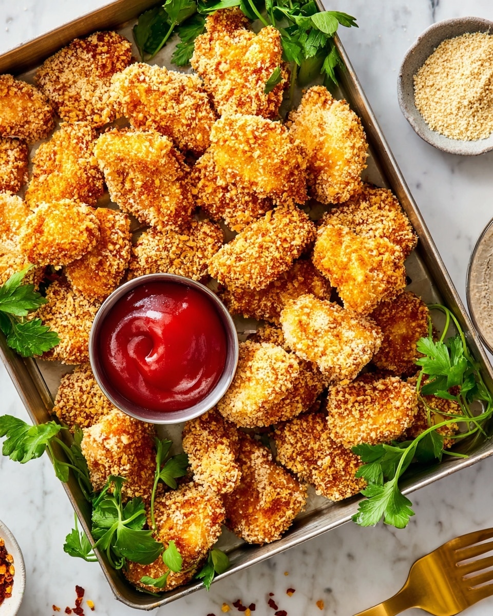 A metal tray filled with many pieces of golden, crispy breaded chicken nuggets, each piece roughly coated with a crumbly, textured crust. The nuggets rest on a bed of fresh green parsley leaves that add a vibrant touch around the sides and underneath. At the center of the tray is a small round metal container filled with thick, shiny red ketchup, smooth on top with a dollop shape. The tray is placed on a white marbled surface with a small pile of light beige breadcrumbs and some paprika powder sprinkled to the right side, along with a gold fork partially visible at the bottom right corner. photo taken with an iphone --ar 4:5 --v 7