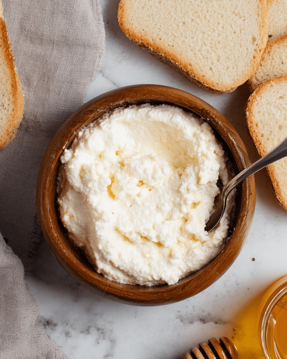 A wooden bowl filled with a thick, white, creamy mixture with a slightly lumpy texture, with a silver spoon dipped in on the right side; around the bowl, there are three slices of light brown bread with soft, porous texture placed on a white marbled surface, and part of a gray cloth visible on the left edge; a small jar of golden honey with a wooden honey dipper is partially shown at the bottom right corner, all lit softly to highlight the textures and colors; photo taken with an iphone --ar 4:5 --v 7