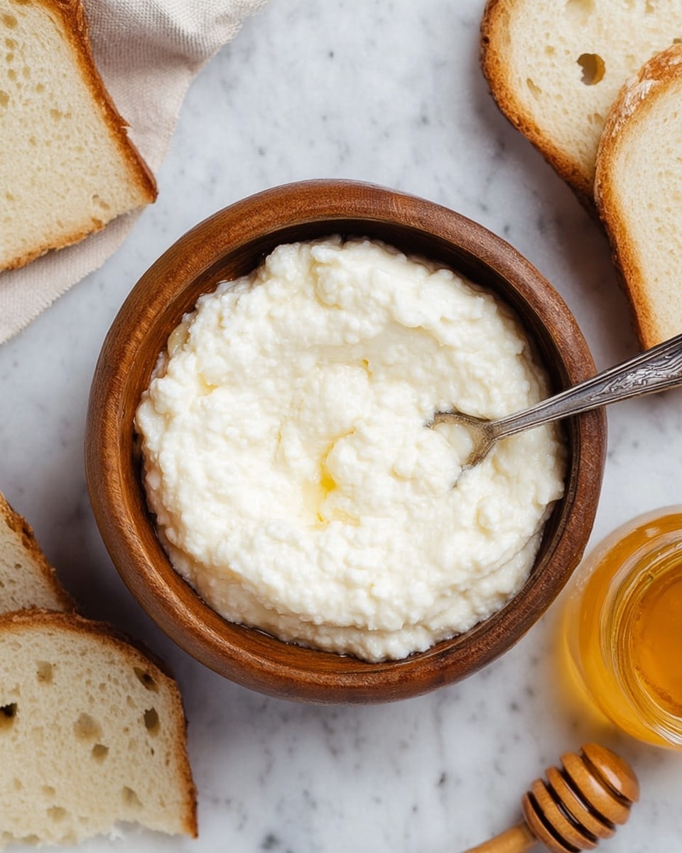 A wooden bowl filled with a thick, fluffy white mixture that looks creamy and slightly grainy in texture, with a silver spoon resting inside the bowl on the right side; around the bowl are slices of light tan bread with visible holes and a small glass container filled with golden honey with a honey dipper on the bottom right; all items are set on a white marbled surface. photo taken with an iphone --ar 4:5 --v 7