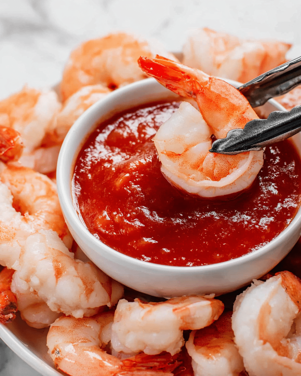 A close-up of a white bowl filled with thick red cocktail sauce in the center, surrounded by peeled, cooked shrimp with a light pink and white color and slightly shiny texture. One shrimp is being held by black tongs dipped into the sauce, showing the shrimp's curled shape and red tail. The bowl and shrimp rest on a white marbled surface. photo taken with an iphone --ar 4:5 --v 7