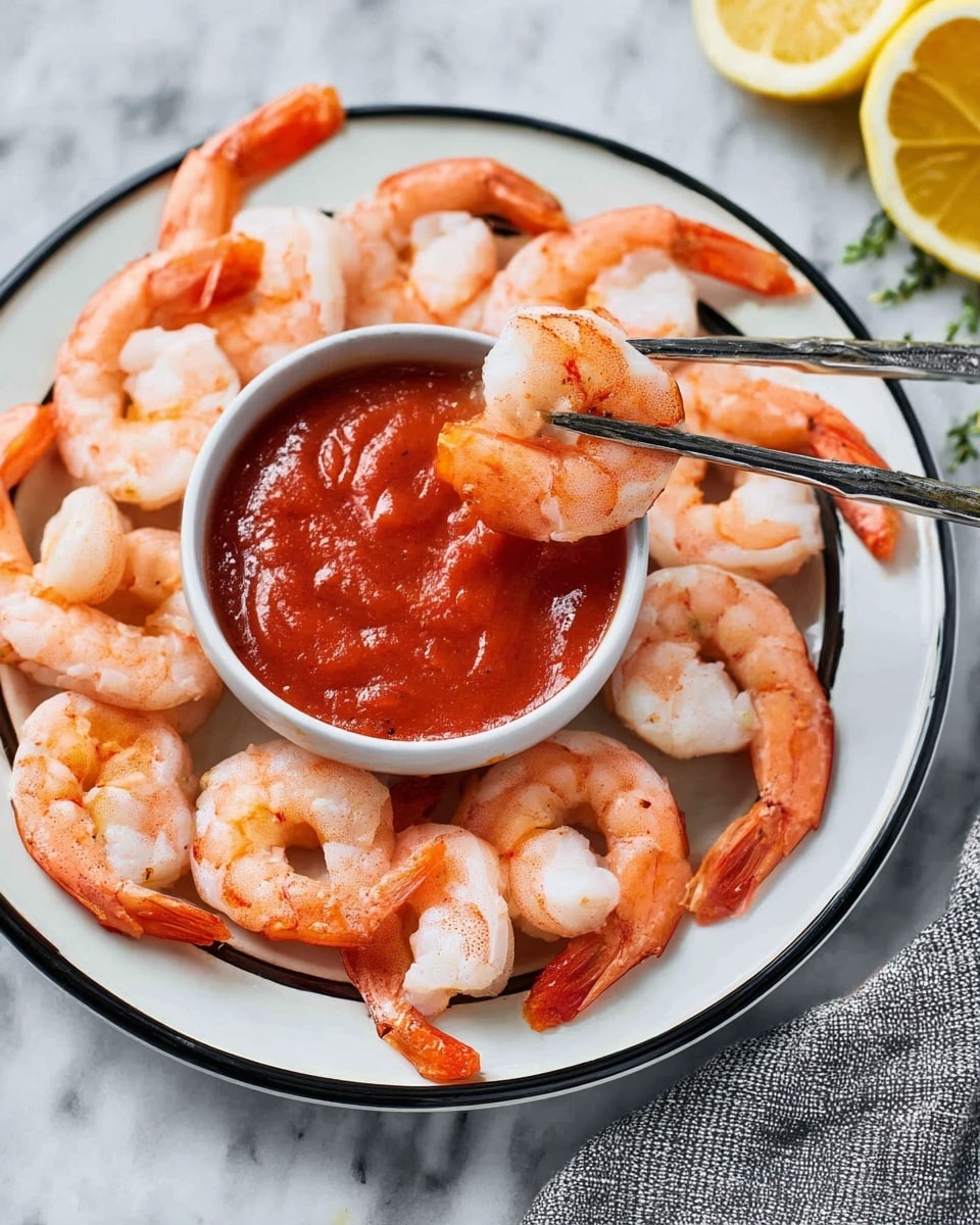 A white plate with a black rim holds a circle of pink and white cooked shrimp, arranged with tails facing outward. In the center of the plate is a white bowl full of thick red cocktail sauce. One shrimp is pierced by black chopsticks and dipped into the sauce, showing its curved shape and bright orange tail. The background is a white marbled texture with a blurred lemon half and cloth in the top right and top left corners. photo taken with an iphone --ar 4:5 --v 7