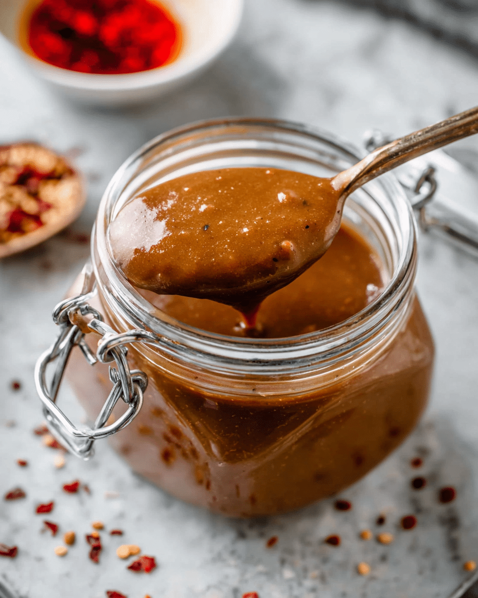 A close-up of a clear glass jar filled with a thick, glossy brown sauce, showing its smooth and slightly chunky texture, with a metal clasp partially open on the side. A golden spoon scoops a generous amount of the sauce from the jar, held above the opening, highlighting the rich, creamy consistency. Around the jar, there are scattered red chili flakes on a white marbled surface, adding a hint of spice to the scene. In the background, a small white bowl containing a red liquid sauce is softly blurred, along with the jar lid resting nearby. photo taken with an iphone --ar 4:5 --v 7
