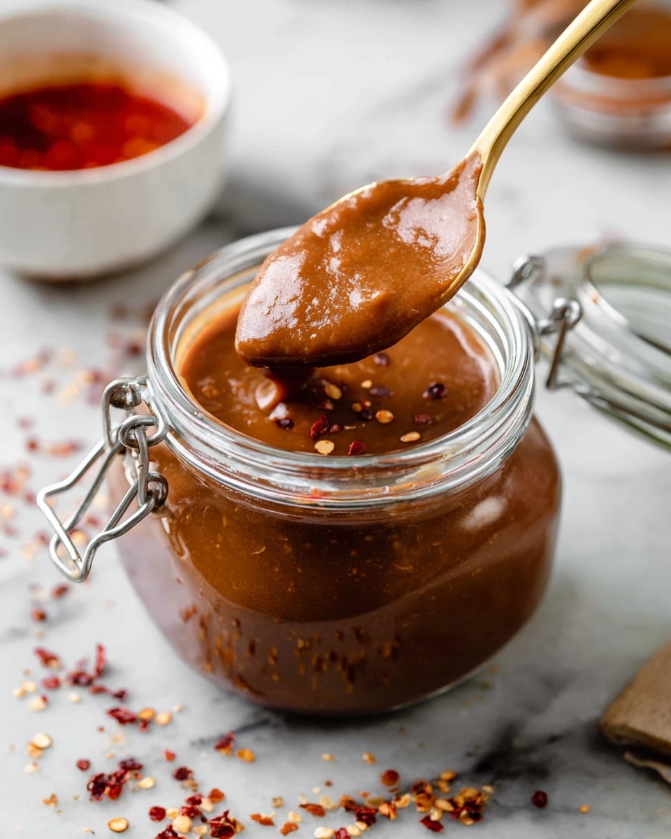 A close-up view of a glass jar filled with a thick, smooth brown sauce with a slightly glossy texture. A metal spoon dipped in the jar holds a spoonful of the sauce, showing its creamy and rich consistency. The jar has a metal clasp lid resting open on the side. Around the jar on a white marbled surface, small red chili flakes are scattered, adding a pop of color and hinting at a spicy flavor. In the blurred background, there is a small white bowl with a vibrant red oil or sauce visible inside. photo taken with an iphone --ar 4:5 --v 7