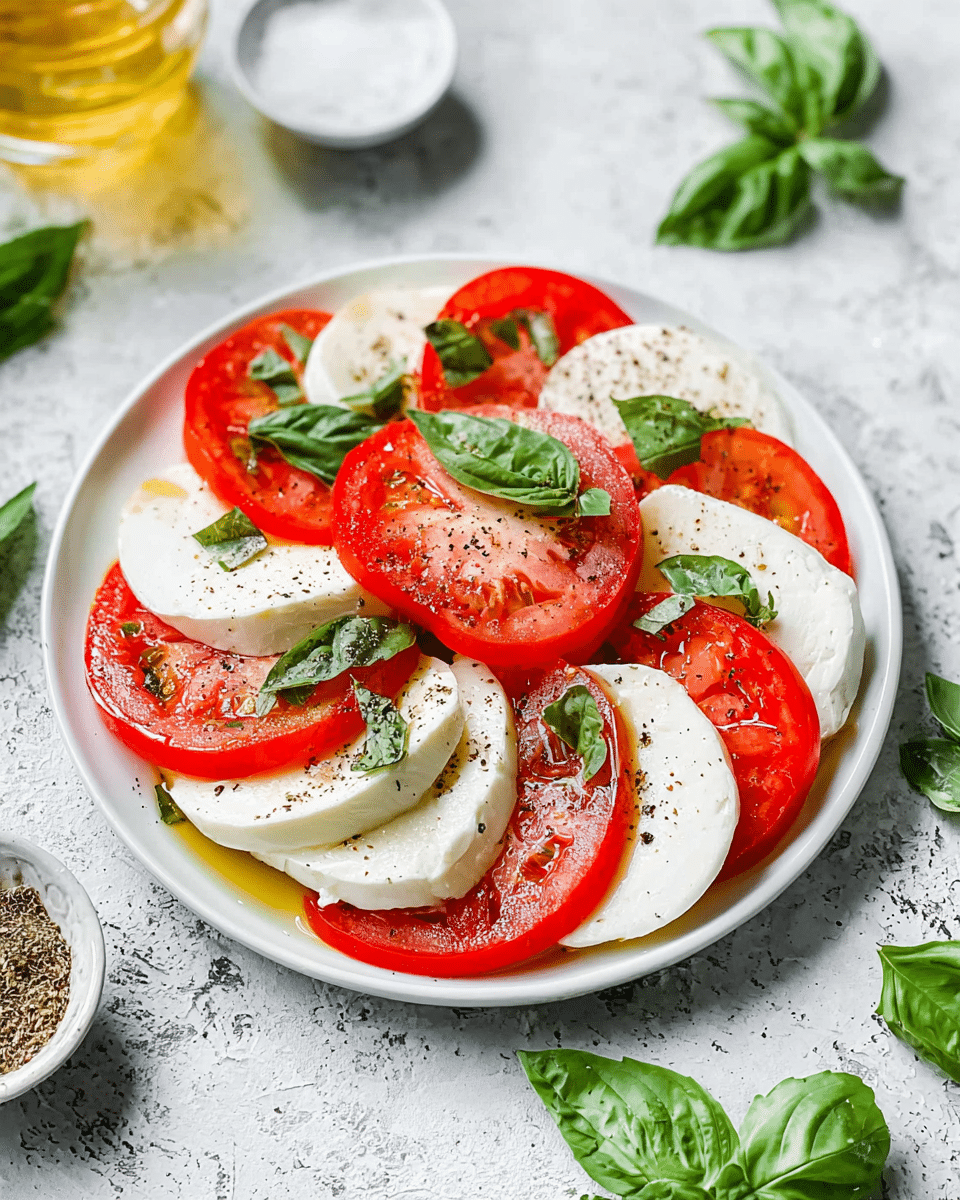 A white plate holds a colorful caprese salad with alternating layers of bright red tomato slices and smooth white mozzarella cheese slices, each slice topped with fresh green basil leaves scattered evenly. The dish is lightly seasoned with black pepper and a drizzle of golden olive oil that adds shine to the layers. The plate sits on a white marbled textured surface, with fresh basil leaves scattered around and small containers of salt and olive oil nearby. photo taken with an iphone --ar 4:5 --v 7
