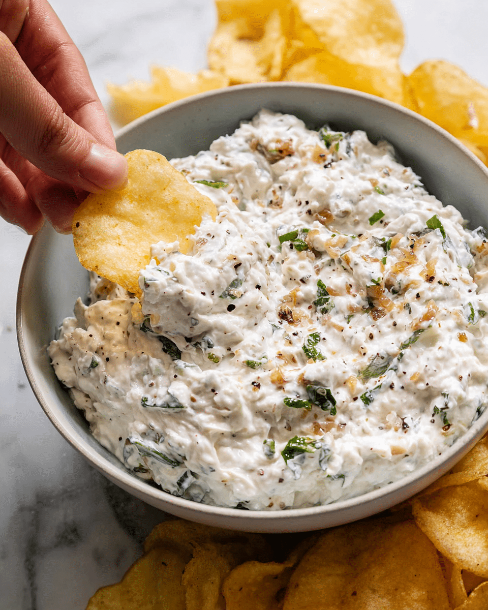 A close-up image shows a close view of a bowl filled with a creamy white dip that has visible small green chive pieces and bits of browned onions mixed throughout. The texture of the dip is thick and chunky, with black pepper sprinkled on top. A woman's hand is dipping a light golden-brown potato chip into the dip. Surrounding the bowl are many more potato chips scattered on a white marbled surface. The bowl is plain white and round, giving a simple and clean look. photo taken with an iphone --ar 4:5 --v 7