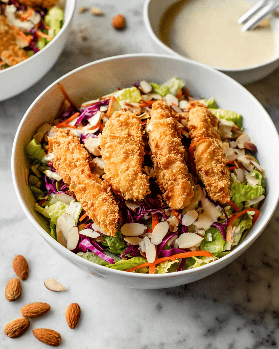 A white bowl holds a colorful salad with a base layer of chopped green lettuce, shredded purple cabbage, and thin orange carrot strips. On top, there are five golden brown, crispy fried chicken strips placed evenly around the bowl. Scattered on the salad are slivered almonds adding a light cream color and a crunchy texture. The bowl is set on a white marbled surface with scattered slivered almonds nearby, and in the background, there is a white bowl with a creamy dressing and a spoon inside it. photo taken with an iphone --ar 4:5 --v 7