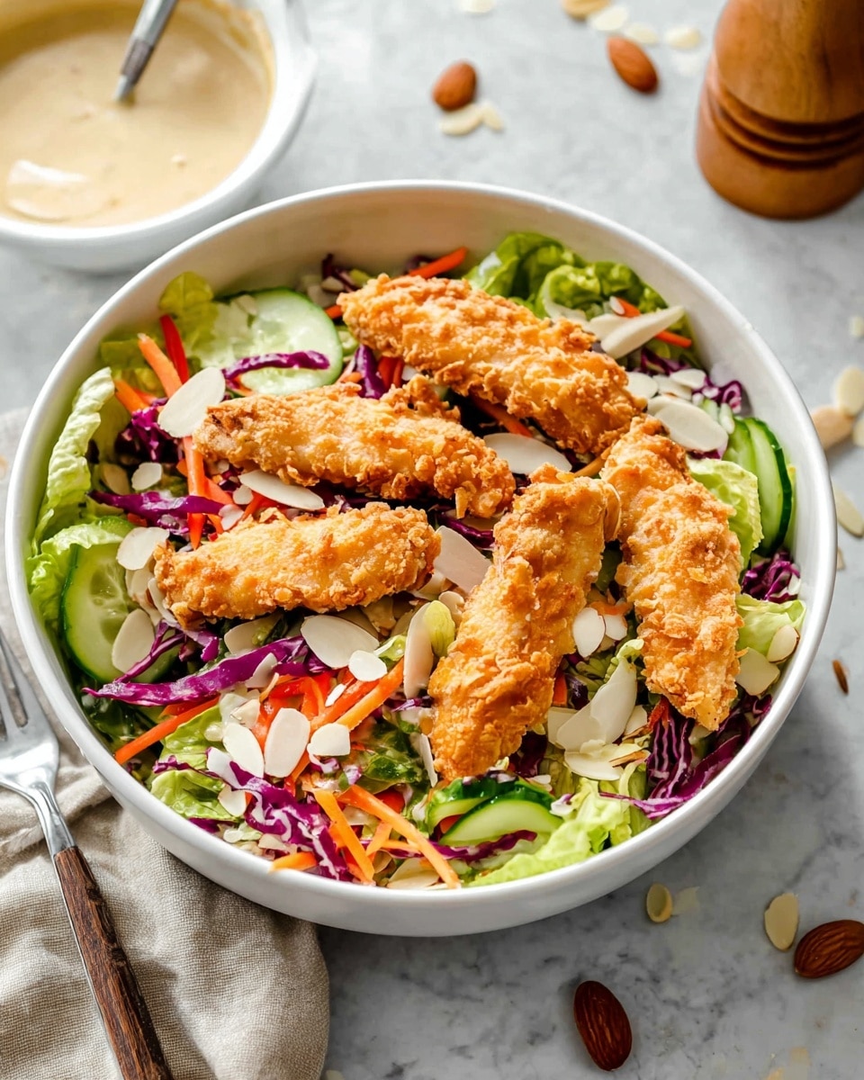 A white bowl filled with a fresh salad base consisting of green lettuce, shredded purple cabbage, thin orange carrot strips, and cucumber slices, topped with five pieces of golden-brown crispy fried chicken tenders placed evenly on top. Scattered over the salad and chicken are white slivered almonds adding texture. The bowl sits on a white marbled surface, with a few almonds spilled nearby. In the background, there is a white bowl containing a creamy beige dressing with a spoon inside and a wooden pepper grinder visible near the edge. Photo taken with an iphone --ar 4:5 --v 7