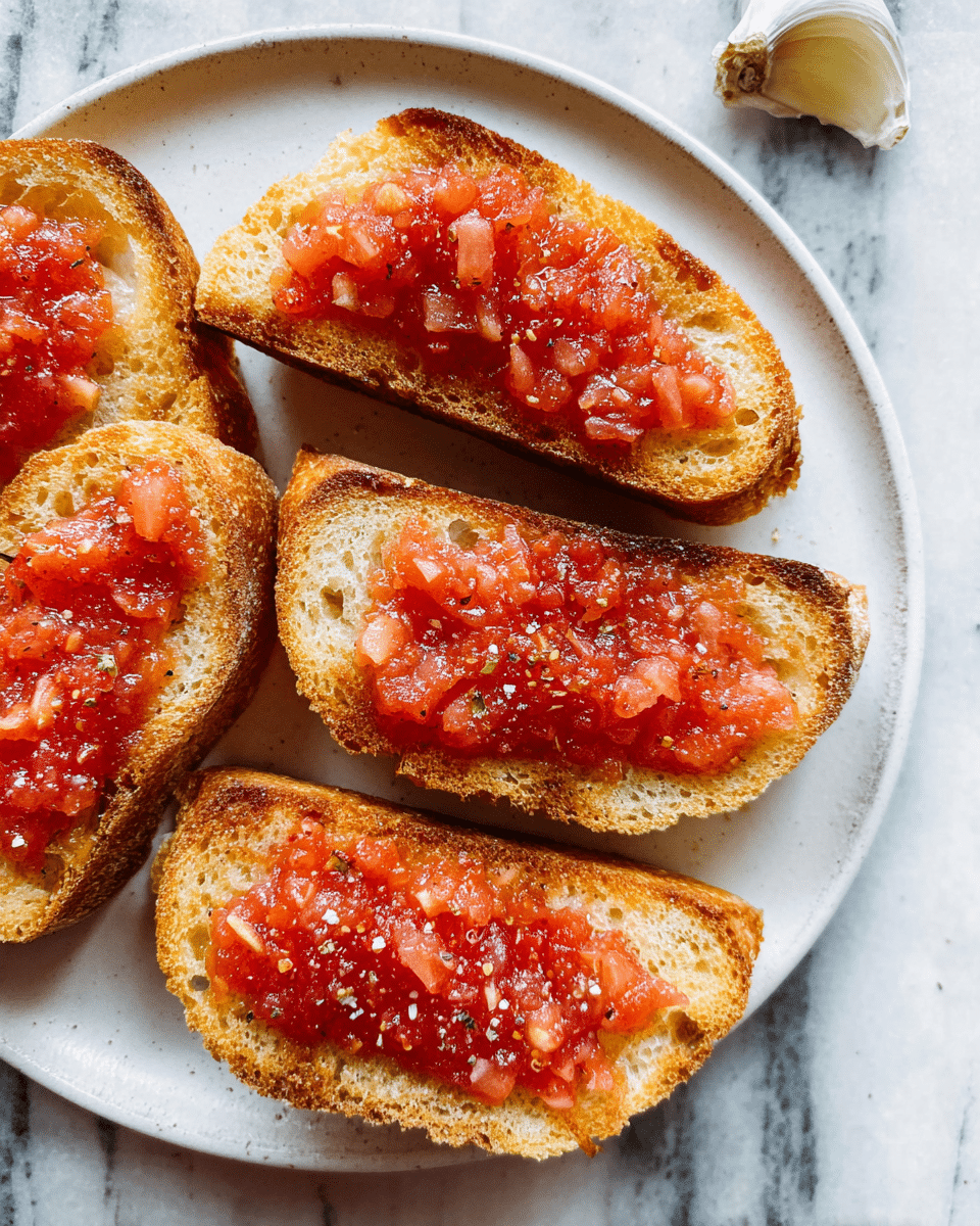 The image shows a white round plate with five pieces of toasted baguette slices, each topped with a thick layer of bright red crushed tomato spread. The bread is golden brown and crispy, with the tomato spread having a slightly chunky texture sprinkled with coarse salt and black pepper. The plate is placed on a white marbled surface with some scattered salt grains around it, adding to the rustic look. photo taken with an iphone --ar 4:5 --v 7