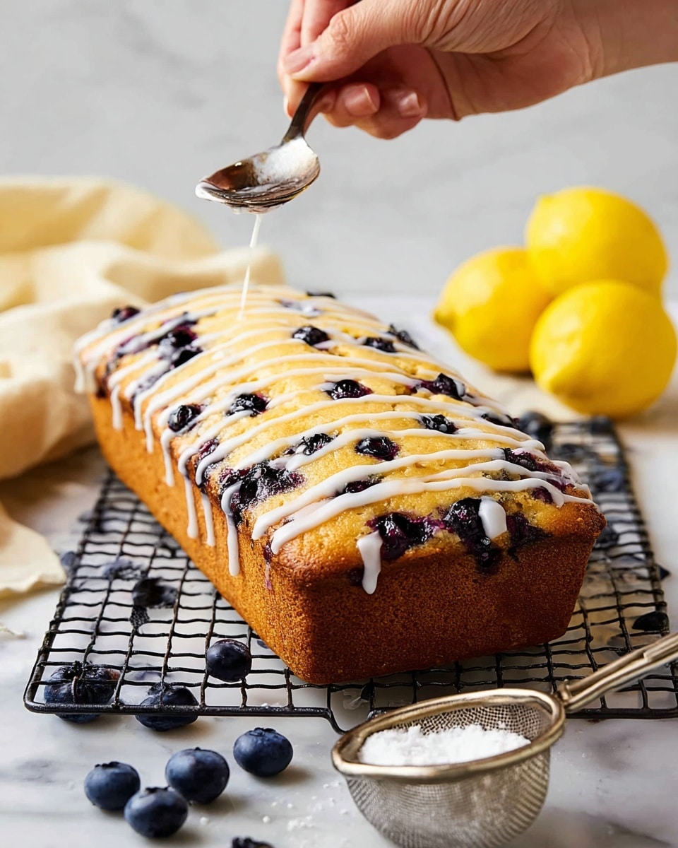 A golden-brown rectangular blueberry cake loaf with many dark purple blueberries visible throughout the top and sides sits on a cooling rack over a white marbled surface. White icing is being drizzled in thin stripes across the top from a spoon held by a woman's hand above the cake. Around the cake, there are whole blueberries scattered, two yellow lemons on the right side, and a small metal sieve filled with powdered sugar in the background. A cream-colored cloth is seen to the left of the cake. Photo taken with an iphone --ar 4:5 --v 7