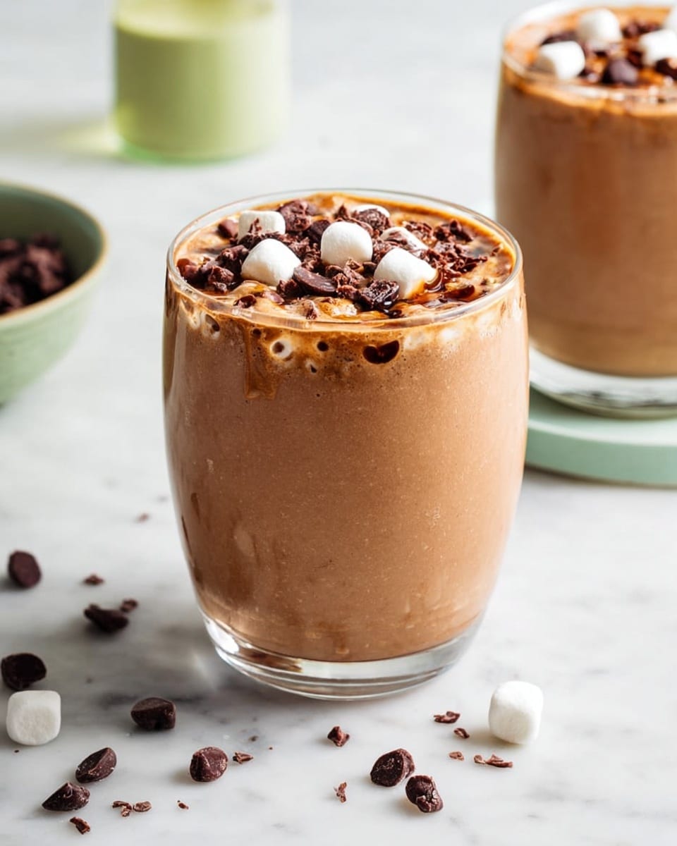 The image shows a clear glass filled with a thick, light brown smoothie with a creamy texture, almost to the top. On top of the smoothie, there are small white marshmallow pieces and tiny dark brown chocolate chips, scattered evenly. More chocolate chips and marshmallow bits are spread around the glass on a white marbled surface. Behind the main glass, there is another glass with the same smoothie, slightly out of focus, and parts of a light green bowl and a small bottle are visible in the background. photo taken with an iphone --ar 4:5 --v 7