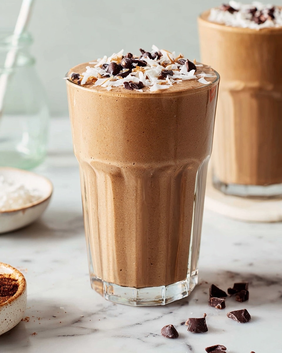A thick, light brown smoothie fills a clear glass with vertical ridges, topped with a layer of white coconut flakes and small dark brown chocolate chips scattered unevenly on top. There are more coconut flakes and chocolate chips spilled around the base of the glass on a white marbled surface. In the background, there is another similar glass with the same smoothie and toppings, along with a small white bowl and glass bottle partially visible. photo taken with an iphone --ar 4:5 --v 7