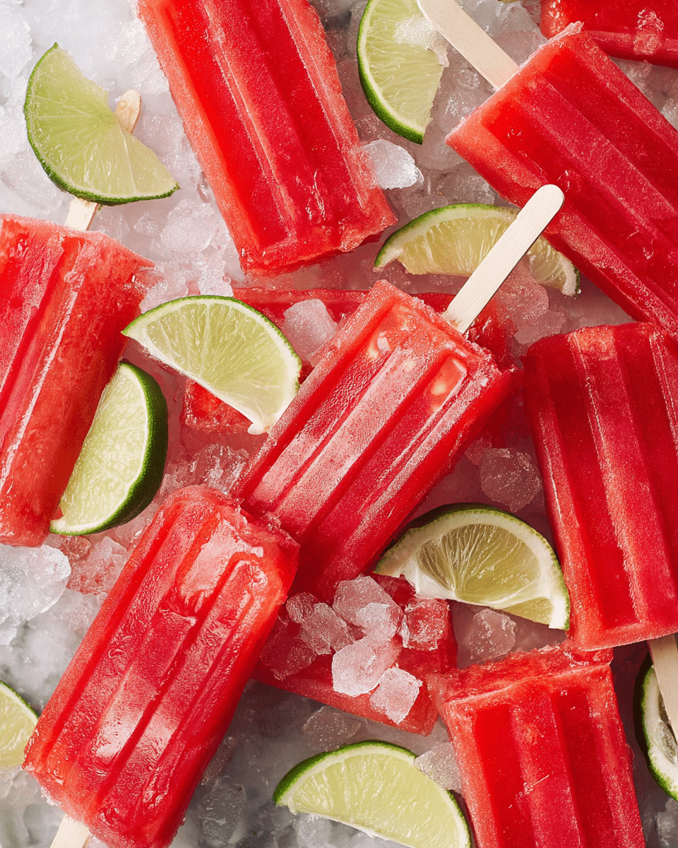 The image shows many bright red popsicles with wooden sticks scattered on a bed of crushed ice. Each popsicle has vertical ridges and a smooth texture, with some pieces of ice stuck on their surface. Bright green lime wedges are placed around the popsicles, adding a fresh contrast to the red color. The background is a white marbled texture, enhancing the freshness and coolness of the scene. photo taken with an iphone --ar 4:5 --v 7