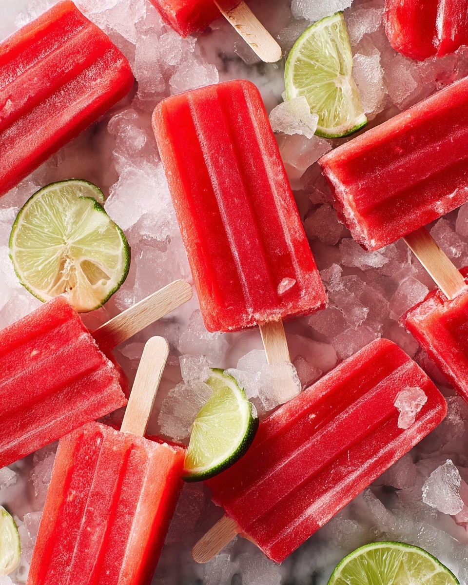The image shows bright red popsicles with wooden sticks scattered on a bed of crushed ice. Each popsicle has a smooth texture with vertical ridges and some have small bite marks on the edges. Interspersed among the popsicles are fresh lime wedges, showing vibrant light green flesh and darker green rind, adding a pop of contrasting color. The crushed ice beneath is translucent with a mix of small and medium-sized uneven chunks, giving a cold and refreshing feel. The setting has a white marbled texture visible around the edges, enhancing the clean and fresh look of the scene. photo taken with an iphone --ar 4:5 --v 7