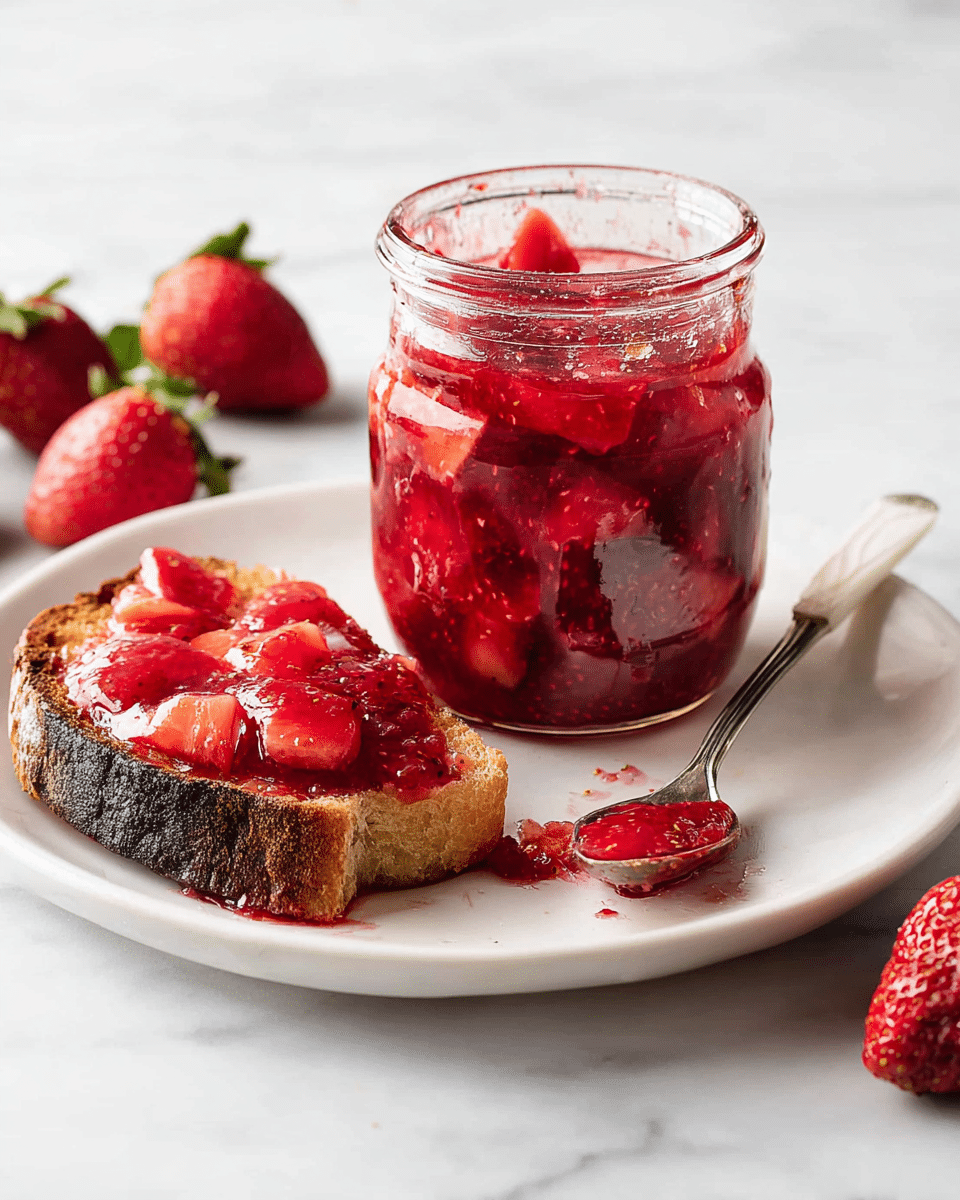 A clear glass jar is filled halfway with bright red strawberry jam, showing chunks of strawberries inside a thick, glossy spread. The jam has some drips running down the outside of the jar near the rim. Next to the jar, a piece of toasted bread with a dark brown crust is topped with the same chunky strawberry jam, glistening with syrup. A silver spoon with a white handle lies on the white plate, holding a small dollop of jam. Fresh whole strawberries with green leaves are placed around the plate, all set on a white marbled surface. photo taken with an iphone --ar 4:5 --v 7