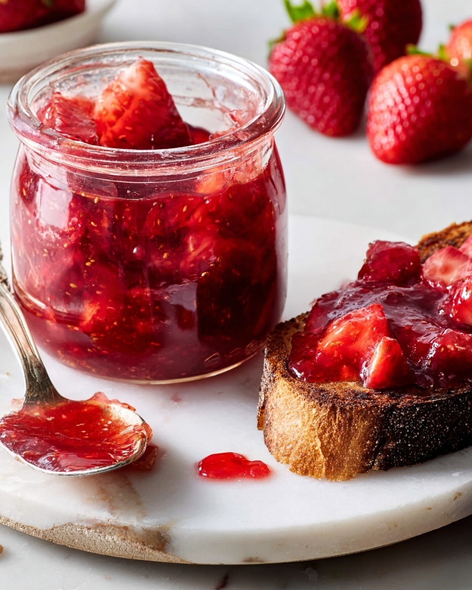 A clear glass jar filled with chunky red strawberry jam, showing pieces of strawberries inside. Next to the jar on a white plate with white marbled texture, there is a slice of toasted bread with dark brown edges, topped with the glossy, bright red jam spread unevenly. A vintage silver spoon lies on the plate holding some jam, creating small red smudges on the plate. Fresh, whole strawberries with red, dimpled skin are placed in the background. Photo taken with an iphone --ar 4:5 --v 7