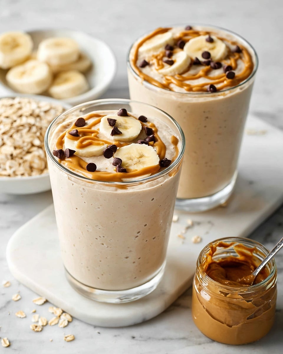 Two clear glasses filled with a creamy, light beige smoothie sit on a white marbled surface, each topped with swirled peanut butter, round pale yellow banana slices, and small dark chocolate chips. Behind them, a white bowl holds more banana slices and a large glass jar filled with oats is visible. In the foreground, a small clear jar contains smooth peanut butter with a spoon mark. The overall scene has a fresh and inviting look. photo taken with an iphone --ar 4:5 --v 7