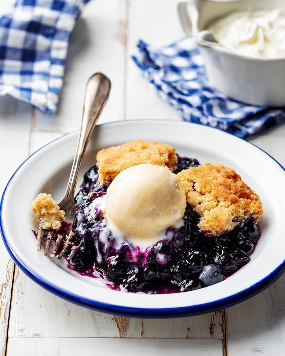 A white plate with a thin blue rim holds a dessert with three layers: at the bottom is a dark purple blueberry filling with a thick, glossy texture; on top of that are two golden brown biscuit-like pieces with a crumbly surface, one slightly broken; in the center, a scoop of light beige vanilla ice cream is melting slightly into the blueberry layer. A silver fork rests on the left edge of the plate, partly on the dessert. The plate is placed on a white marbled surface with a blue and white checkered cloth nearby, and in the background, a white bowl with a blue rim contains white cream with a small white pitcher inside. Photo taken with an iphone --ar 4:5 --v 7