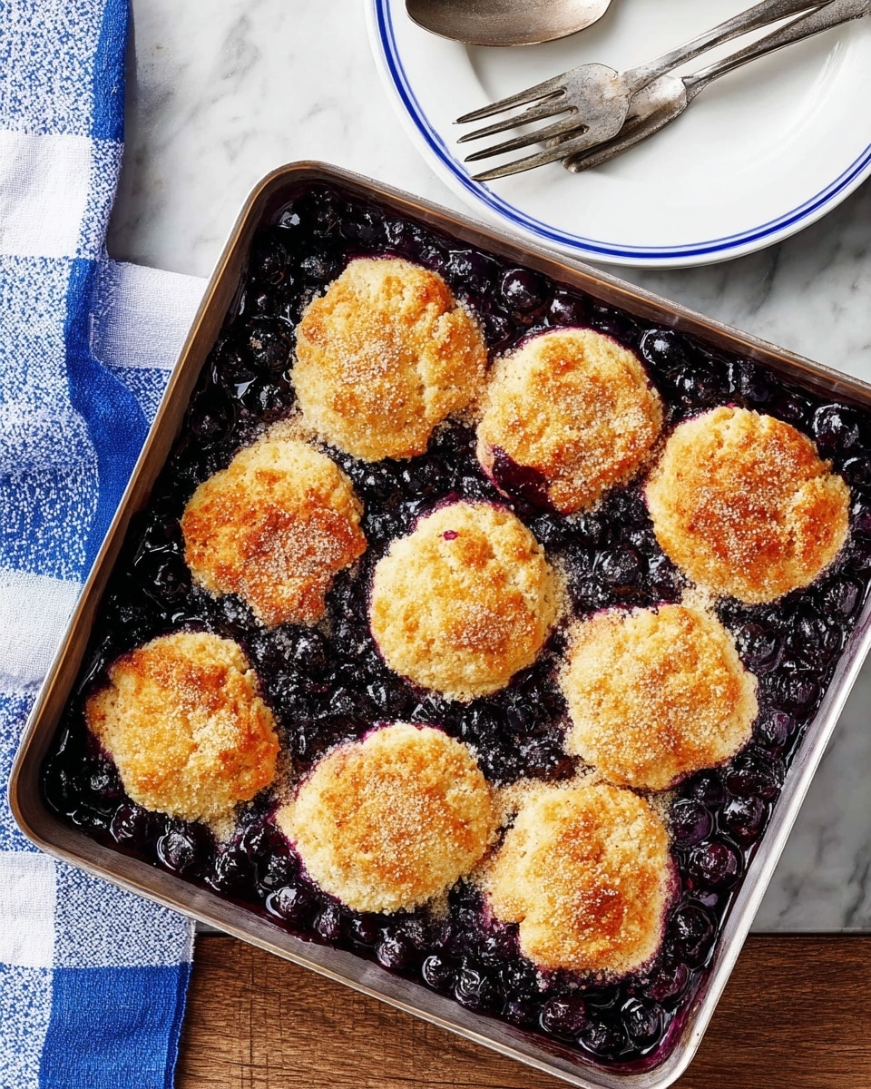 The image shows a square metal baking pan filled with a dark purple blueberry mixture as the base layer, bubbling slightly with visible whole blueberries. On top, there are ten golden-brown, round biscuit dollops evenly spaced, each with a rough, crumbly texture and a slightly darker, crisp top sprinkled with sugar. The pan sits on a white marbled textured surface, with a white plate with a blue rim and two silver forks resting on it nearby, and a blue and white checkered cloth partially visible on the left side. Photo taken with an iphone --ar 4:5 --v 7