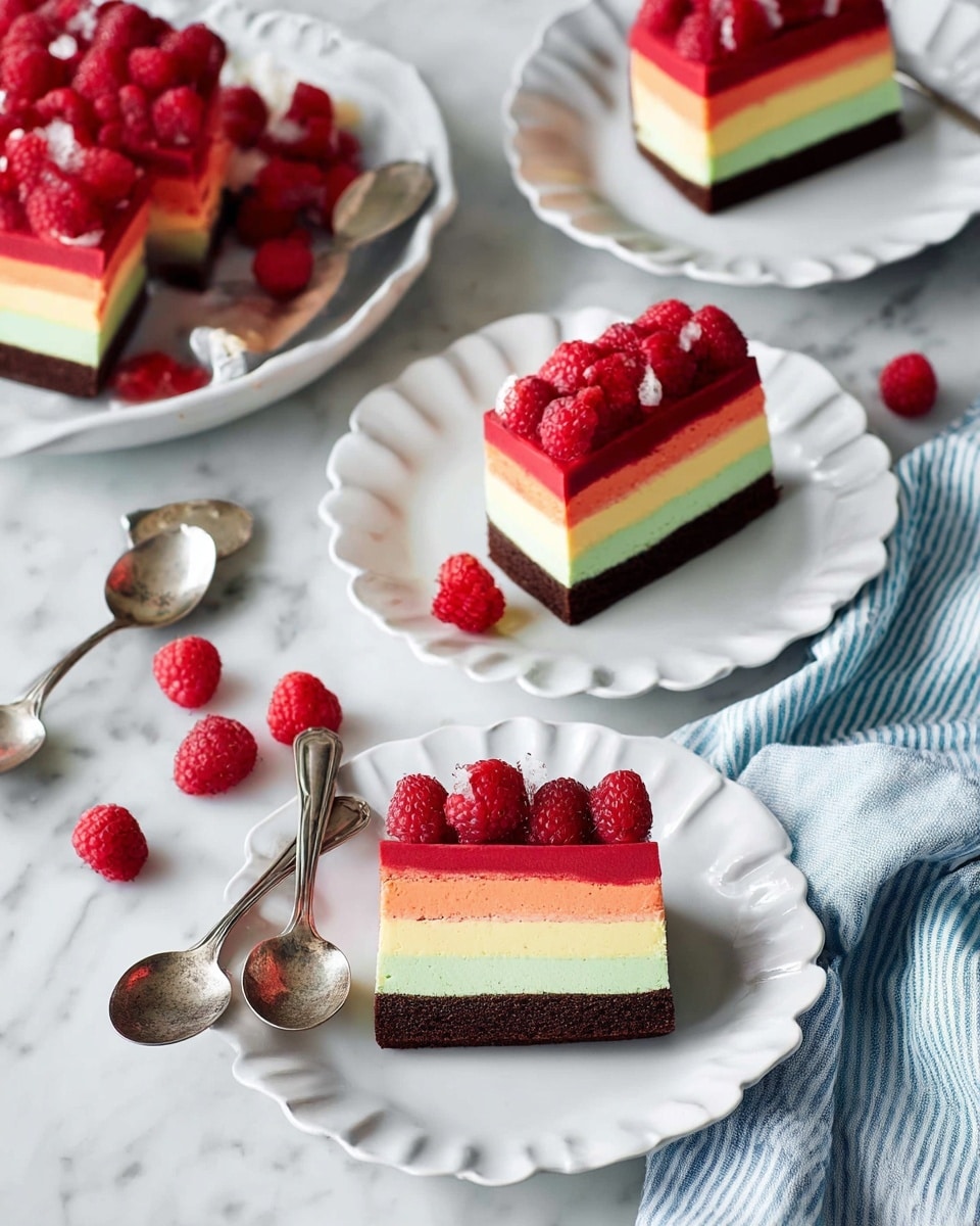 The image shows four slices of a layered cake placed on white scalloped plates on a white marbled surface. Each cake slice has four distinct horizontal layers from bottom to top: a dark chocolate base, a pale green creamy layer, a bright orange creamy layer, and a bright red creamy top layer. Whole frozen raspberries line up neatly on the edge of the red top layer of each slice. Next to two of the slices are vintage silver spoons, and there are additional loose raspberries scattered on the surface. On the top left, a white dish holds more slices arranged closely with raspberries on top. A blue and white striped cloth is partly visible at the bottom right corner. photo taken with an iphone --ar 4:5 --v 7