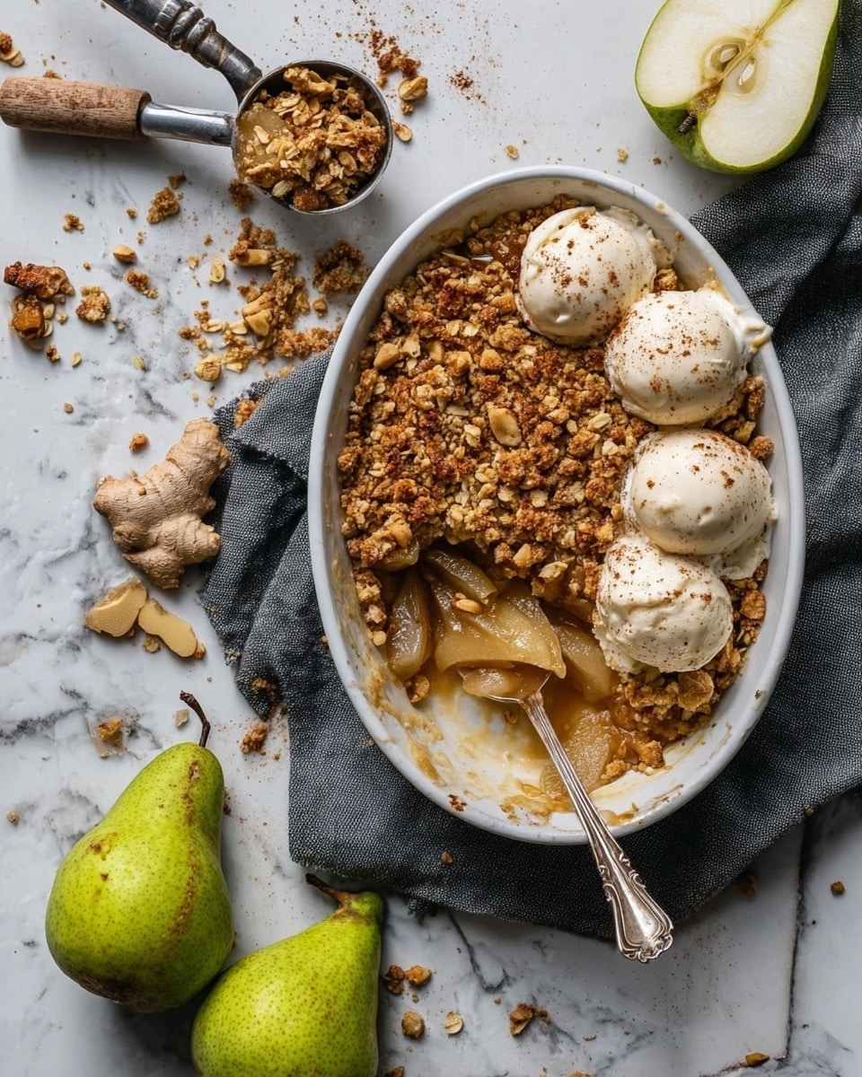 A white plate with two layers of cooked pear slices at the bottom, topped with a thick, crumbly, golden-brown oat and nut crumble mixed with cinnamon. On the side, there is a soft, round scoop of creamy white vanilla ice cream slowly melting and mixing with the crumble, sprinkled lightly with more cinnamon. The plate sits on a dark grey textured cloth on a white marbled surface, with a golden fork and spoon placed diagonally on the right side of the plate. Photo taken with an iphone --ar 4:5 --v 7