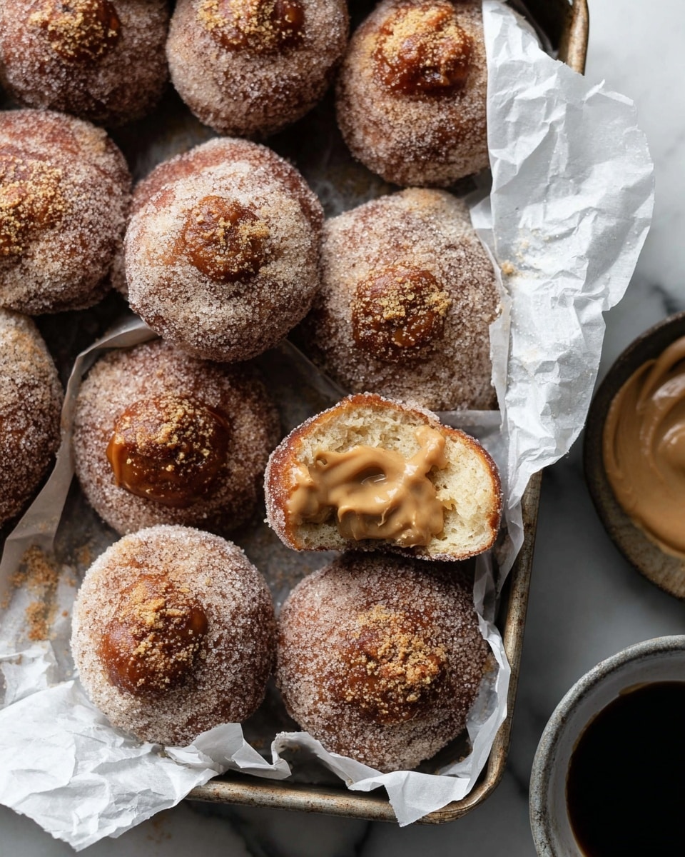 A close-up view of sugar-coated round doughnuts arranged in a metal baking tray lined with crumpled white parchment paper. Each doughnut has a rough sugar texture on the outside with a dab of light brown caramel or peanut butter filling on top. One doughnut is partially eaten, showing a soft, fluffy inner layer filled with creamy caramel-colored filling. The tray is placed on a white marbled surface, and a small bowl with dark liquid, possibly coffee or syrup, is partially visible to the side. Photo taken with an iphone --ar 4:5 --v 7