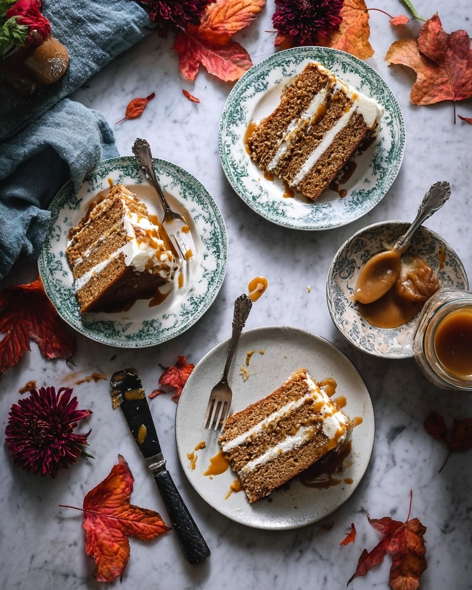 Three slices of layered cake sit on white plates with blue and green patterns on a white marbled surface scattered with red and orange autumn leaves and dark red flowers. Each slice of cake has three layers of moist light brown sponge separated by creamy white frosting, with a caramel sauce drizzled over the top and oozing down the sides. One slice has a small bite taken out of it with a fork resting on the plate, while another plate holds a spoon with caramel sauce on it and a woman’s hand is reaching nearby. A jar of caramel sauce and a knife with a black handle lay on the surface, with some caramel spilled around. The whole scene feels cozy and festive with warm fall colors and textures. photo taken with an iphone --ar 4:5 --v 7