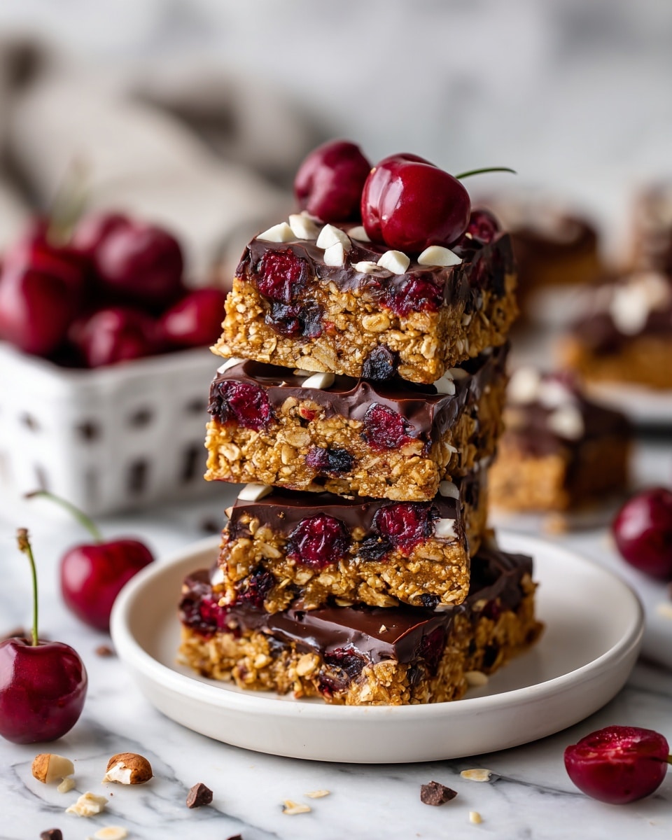 The image shows a stack of five granola bars, each with two layers: a thick, crumbly golden brown base filled with visible oats and dark dried fruit bits, topped by a smooth, dark chocolate layer studded with bright red cherry pieces and small white almond slices. The bars are placed on a round white plate on a white marbled surface, scattered with extra cherries and nut pieces around. In the background, a white basket filled with fresh cherries adds a splash of red, softly blurred to keep focus on the bars. Photo taken with an iphone --ar 4:5 --v 7