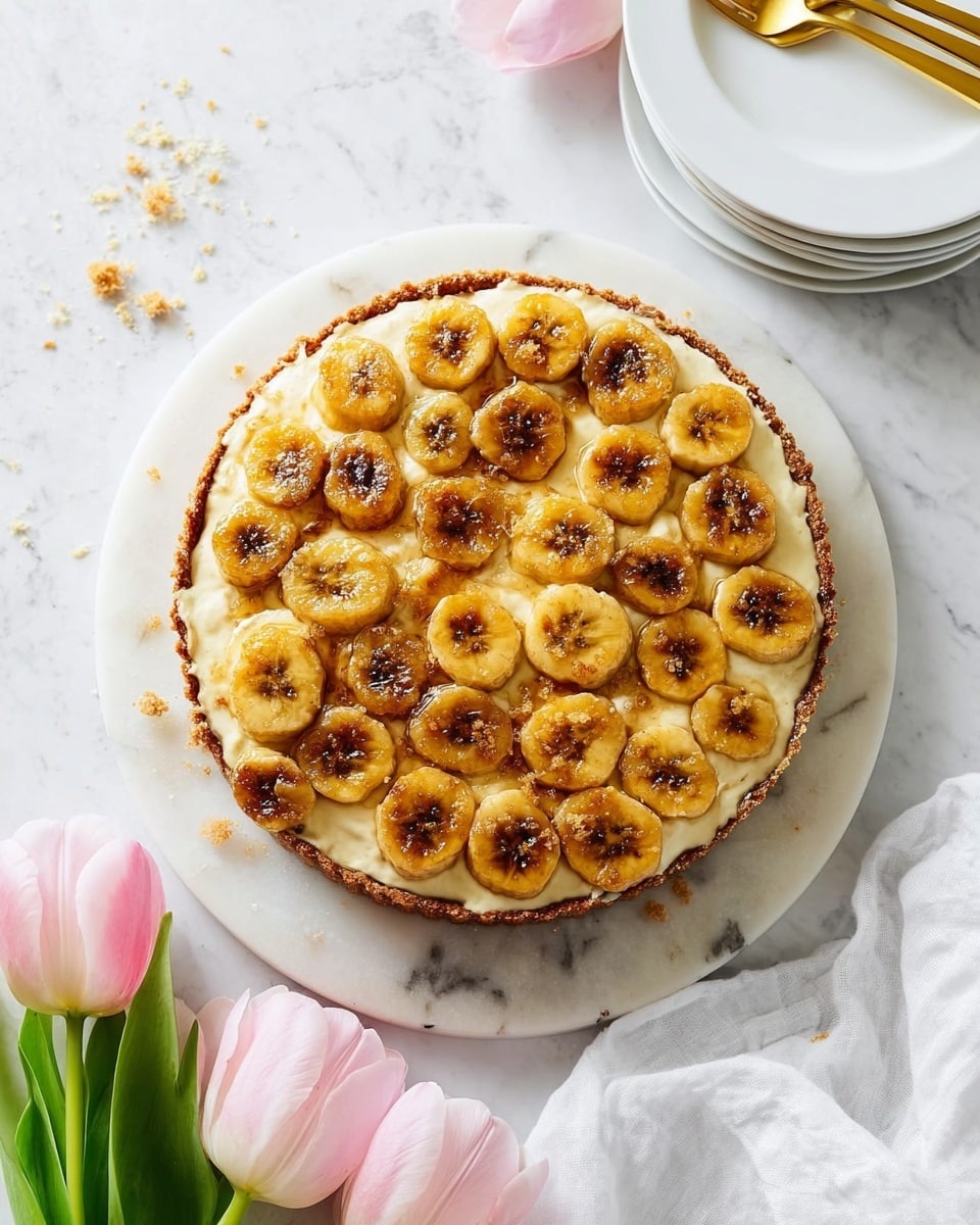The dish is a round cake on a white plate, placed on a white marbled surface. It has one visible layer of toasted banana slices arranged tightly on the top, each slice golden brown with caramelized spots, creating a shiny and slightly sticky texture. Below the banana layer, there is a creamy, slightly whipped frosting with small brown specks, covering the cake fully and giving a soft contrast to the crisp bananas. The cake base beneath is darker, peeking through some parts under the creamy layer, adding depth to the presentation. In the bottom left corner, there are two pink tulips, slightly blurred, adding a soft floral touch to the image. Photo taken with an iphone --ar 4:5 --v 7