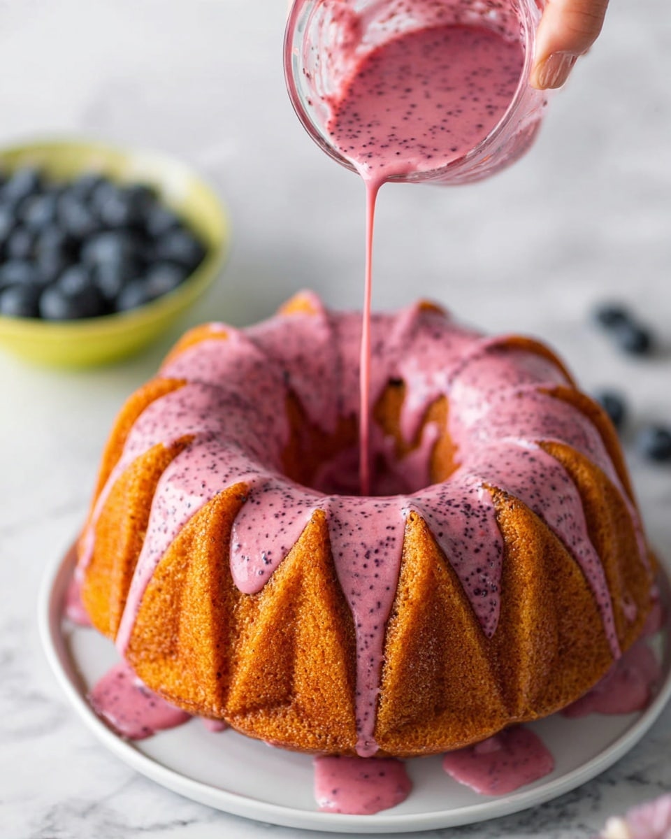 A single ring-shaped bundt cake with a golden brown color sits on a white plate, topped with a pinkish-purple glaze that is being poured from a glass container held by a woman's hand. The glaze has visible small dark specks, and it flows over the textured ridges and into the center hole of the cake, pooling slightly on the plate below. The background is a white marbled texture, and part of a bowl with fresh blueberries is seen near the bottom left corner. Photo taken with an iphone --ar 4:5 --v 7