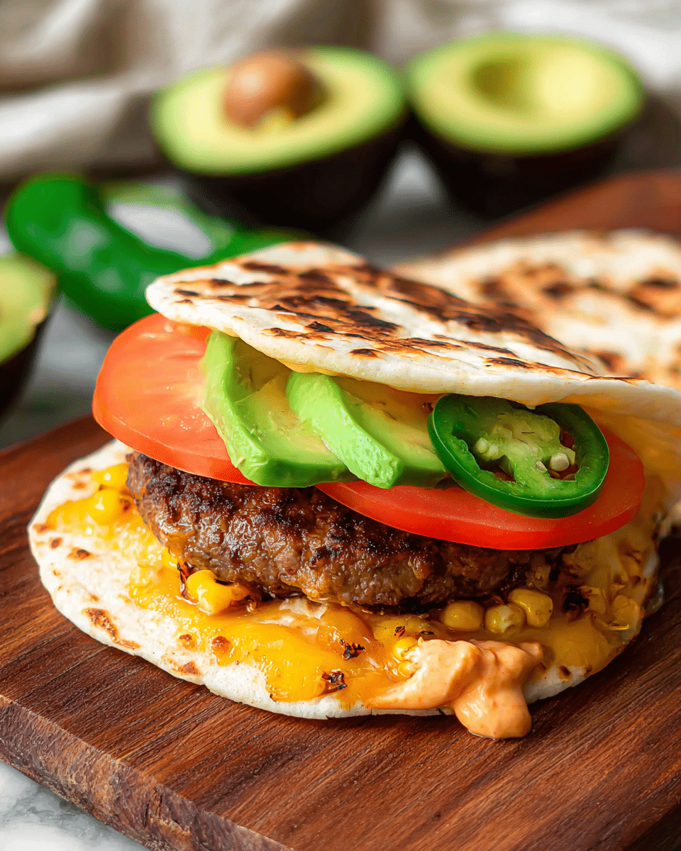A white tortilla folded in half forms the outer layer, slightly browned with toasted spots visible. Inside, a grilled beef patty sits on a melted layer of orange-yellow cheddar cheese and some charred corn kernels on the bottom white tortilla. Above the patty is a creamy, light orange spicy mayo spread, topped with slices of bright green avocado, a thick red tomato slice, and a thin ring of green jalapeño. The sandwich rests on a wooden board with whole and halved avocados in the background on a white marbled texture. Photo taken with an iphone --ar 4:5 --v 7