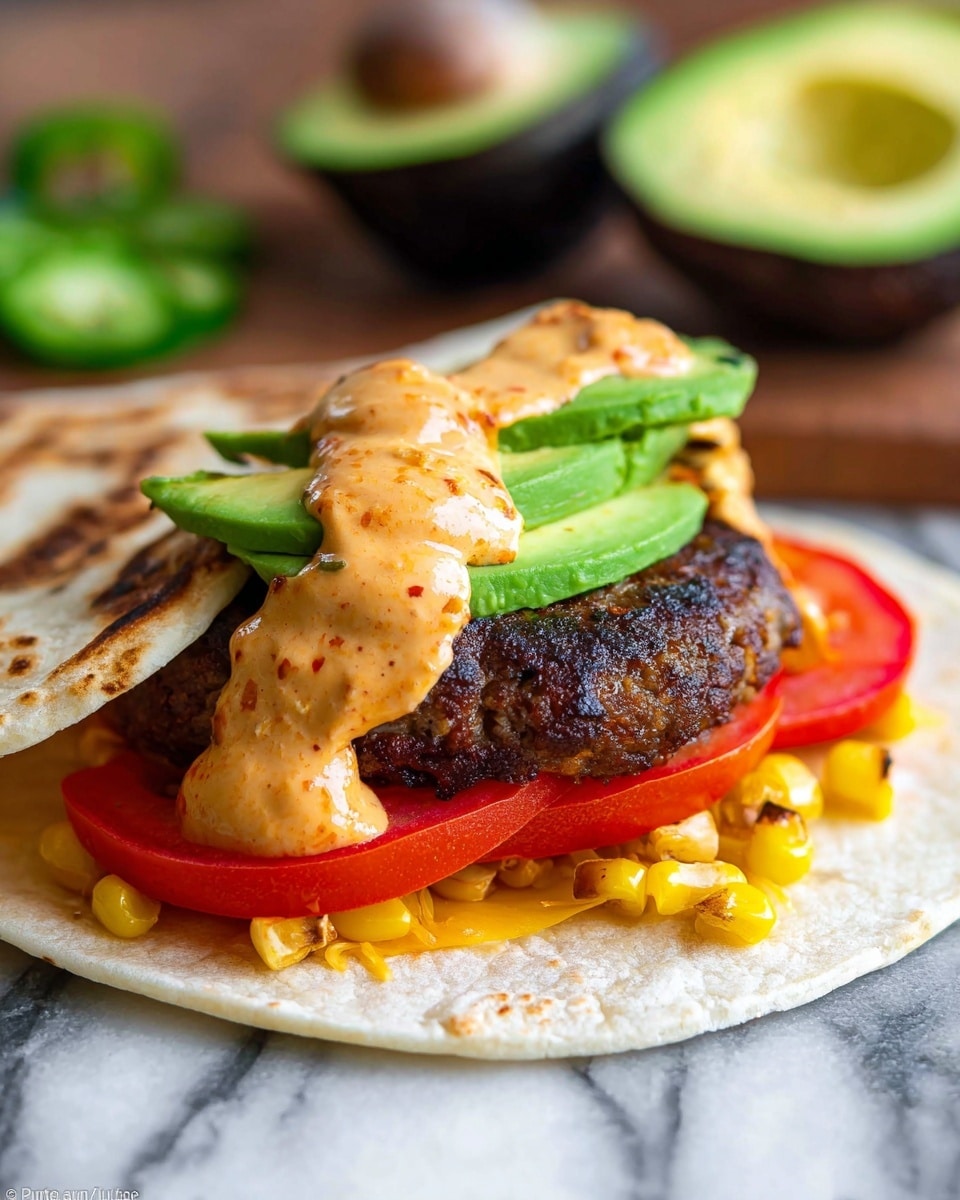 A close-up of a folded tortilla with a toasted light brown surface on top, layered with bright green sliced avocado, a dollop of creamy orange sauce with specks, a thick dark brown grilled meat patty, thin slices of red tomato with grilled yellow corn scattered on and around it, and a base layer of melted yellow cheese, all resting on a flat white tortilla on a white marbled surface, with blurred halved and whole avocados in the background. Photo taken with an iphone --ar 4:5 --v 7