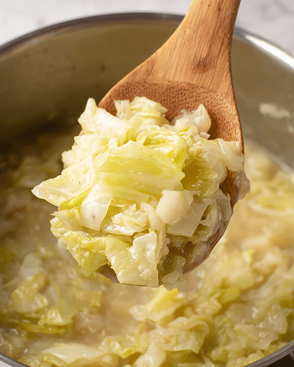 A close-up image of a wooden spoon lifting a portion of cooked cabbage from a pot. The cabbage is chopped into small, soft pieces, showing pale yellow and light green colors with a slightly glossy, moist texture from cooking. The background shows more cabbage in a creamy, light broth inside a stainless steel pot, all placed on a white marbled surface. The photo captures the warm, tender appearance of the cabbage, with gentle steam and a home-cooked feel. Photo taken with an iphone --ar 4:5 --v 7