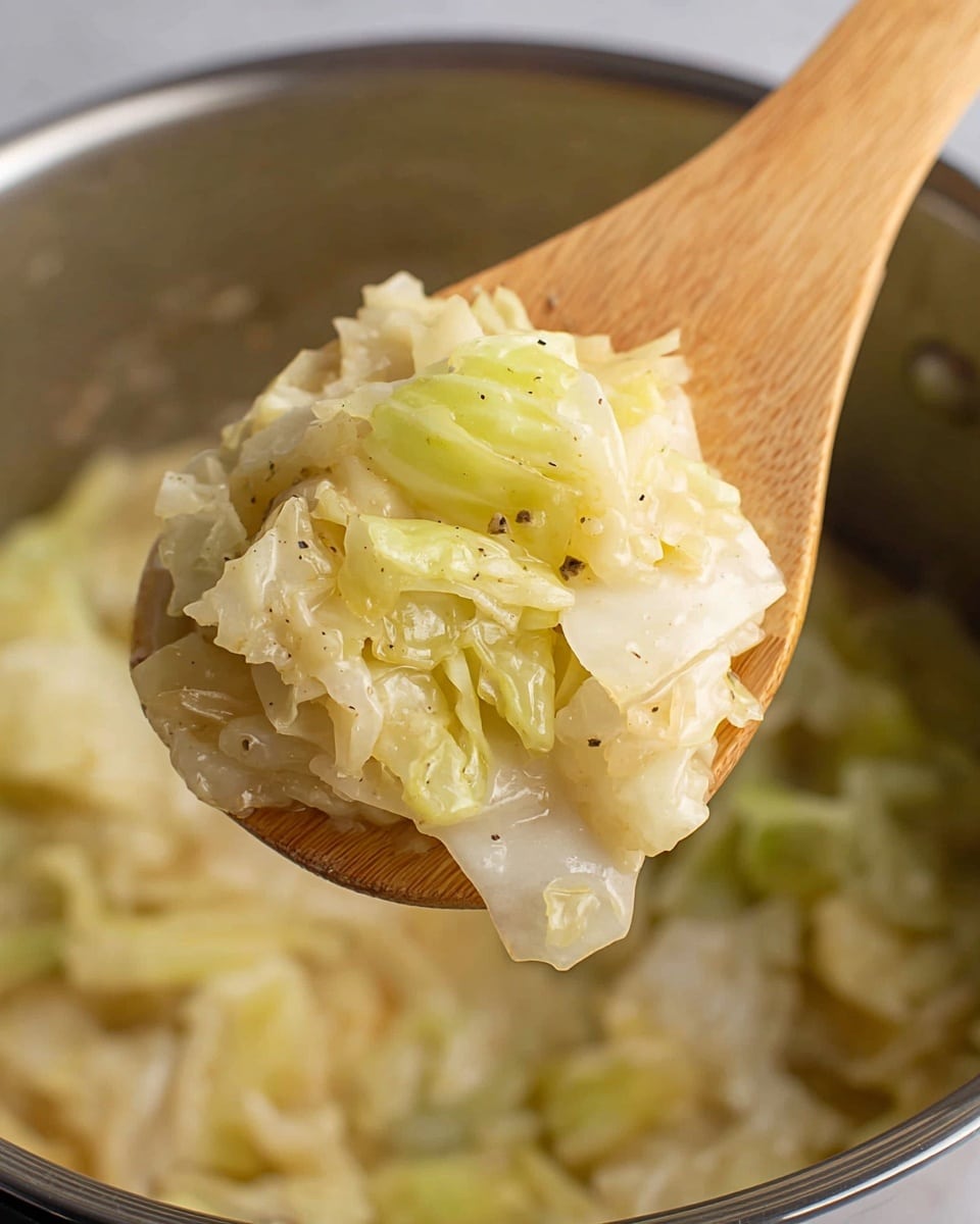 A close-up view of a wooden spoon holding a scoop of cooked cabbage, showing layers of soft, pale yellow and light green cabbage pieces with a slightly glossy texture from cooking. The spoon is lifted above a shiny pot filled with more cooked cabbage, with the white marbled texture barely visible in the background. The cabbage looks tender and seasoned with small black pepper specks scattered throughout. photo taken with an iphone --ar 4:5 --v 7