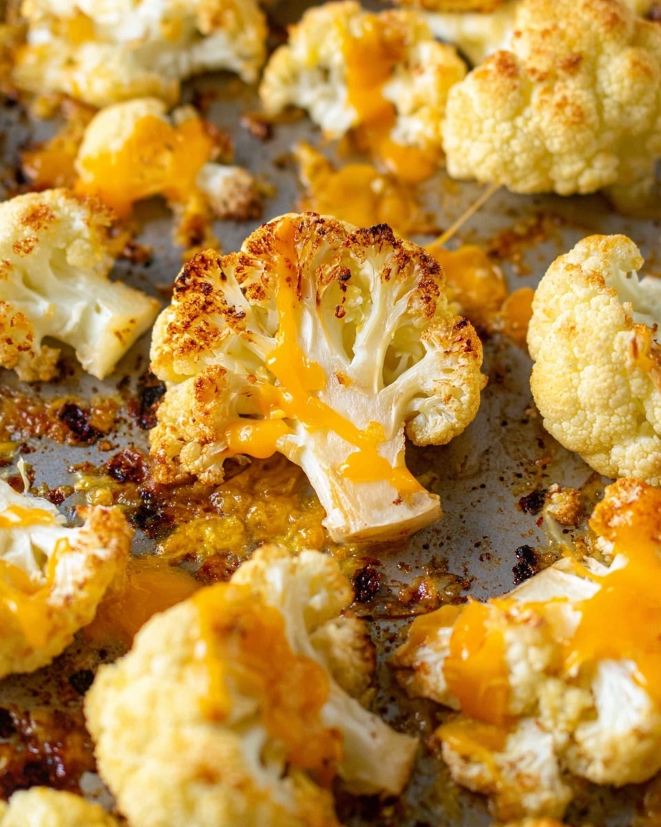 The image shows several roasted cauliflower pieces placed on a baking tray, each piece appearing golden with some browned spots from roasting. On top of the cauliflower, there are melted orange cheese drizzles that add a glossy texture to the rough cauliflower surface. The tray beneath has some baked cheese residue and oil, showing a slightly oily and browned texture in some areas. The colors mainly include creamy white and light golden-yellow for the cauliflower and vibrant orange for the melted cheese. Photo taken with an iphone --ar 4:5 --v 7