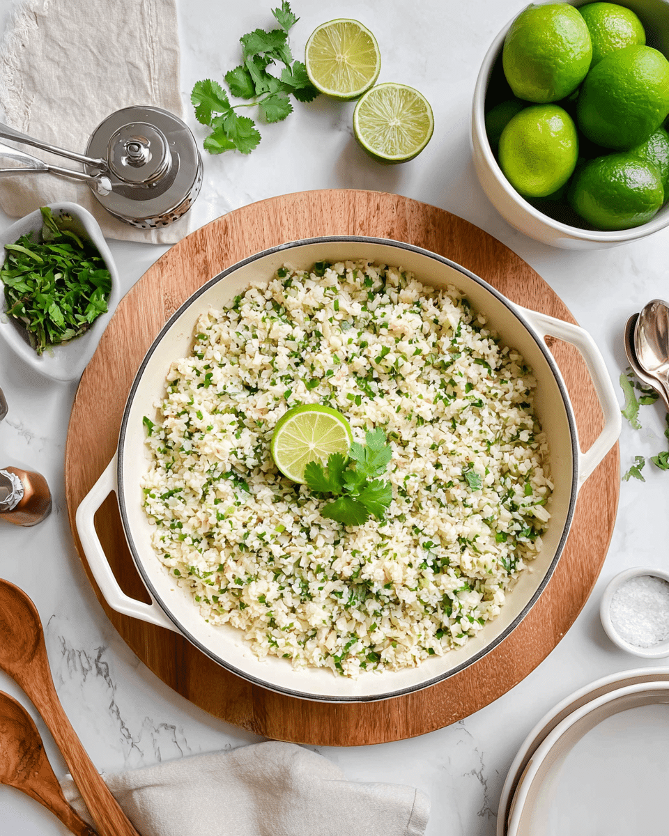 A white pan filled with a single layer of cooked cauliflower rice mixed with chopped green herbs and small bits of onion, topped with two lime wedges and a few cilantro leaves in the center. The pan sits on a round wooden board on a white marbled surface. Around it are whole limes in a white bowl, a metal lime juicer with a halved lime, fresh cilantro sprigs, a wooden spoon on the left, salt and pepper shakers, and a few white plates and spoons on the right. photo taken with an iphone --ar 4:5 --v 7