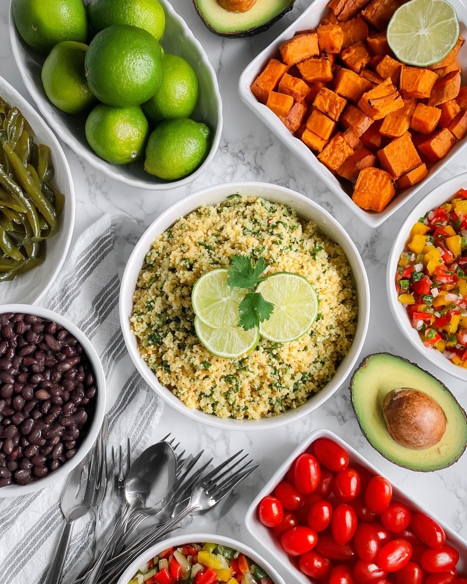 A white round bowl in the center is filled with light yellow cauliflower rice mixed with green herbs, topped with two lime slices and a small green leaf. Surrounding the bowl are white dishes with bright orange roasted sweet potatoes cut into cubes, dark green avocados with one halved showing its pale green inside and brown seed, a mix of diced colorful salsa with red, yellow, and orange pieces, and a square white bowl full of shiny red grape tomatoes. There is also a white dish of dark black beans, a white dish with cooked green bell peppers and sliced onions, and a white container at the top left filled with bright green whole limes. The setting is on a white marbled surface with a striped cloth and three silver forks near the bottom left. photo taken with an iphone --ar 4:5 --v 7