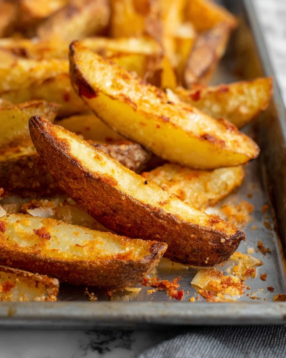 A close-up of crispy potato wedges stacked on a metal baking tray, showing about two layers overlapping each other. The wedges have a golden-brown color on the outside with some parts darker and crispy, while the inside is light yellow and soft-looking. Some small bits of crispy seasoning or cheese are scattered on and around the wedges. The baking tray sits on a white marbled texture surface with a gray cloth partially visible at the bottom right corner. Photo taken with an iphone --ar 4:5 --v 7