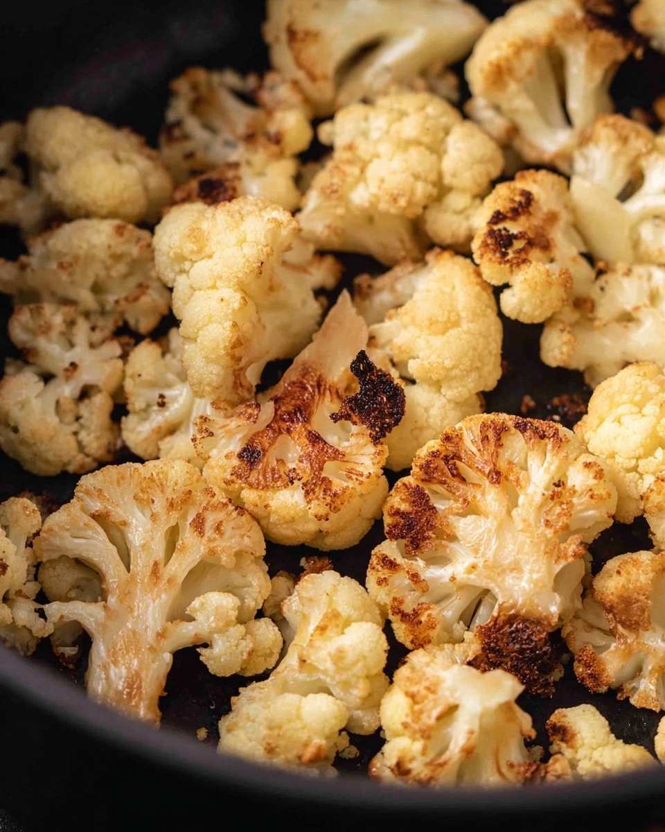 A close-up view of roasted cauliflower pieces in a black pan, showing about one layer of florets with slightly charred and browned edges, giving a mix of creamy white and golden brown colors. The cauliflower has a rough texture with some darker spots from roasting, and the florets are unevenly shaped, some more browned than others. The pan interior is smooth and matte black, contrasting with the light cauliflower. photo taken with an iphone --ar 4:5 --v 7