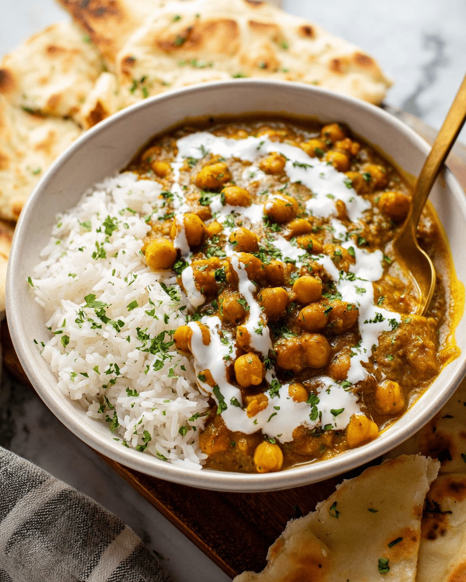 A white bowl filled with two layers: the bottom layer is soft, fluffy white rice covering half of the bowl, and the top layer is a thick chickpea curry with a rich brown-yellow sauce covering the other half. The curry is topped with a drizzle of white cream and sprinkled with bright green chopped herbs. The bowl is placed on white flatbread that has some browned spots and is on a white marbled surface. A golden spoon is partly submerged in the curry, and pieces of torn flatbread are visible in the background. Photo taken with an iphone --ar 4:5 --v 7