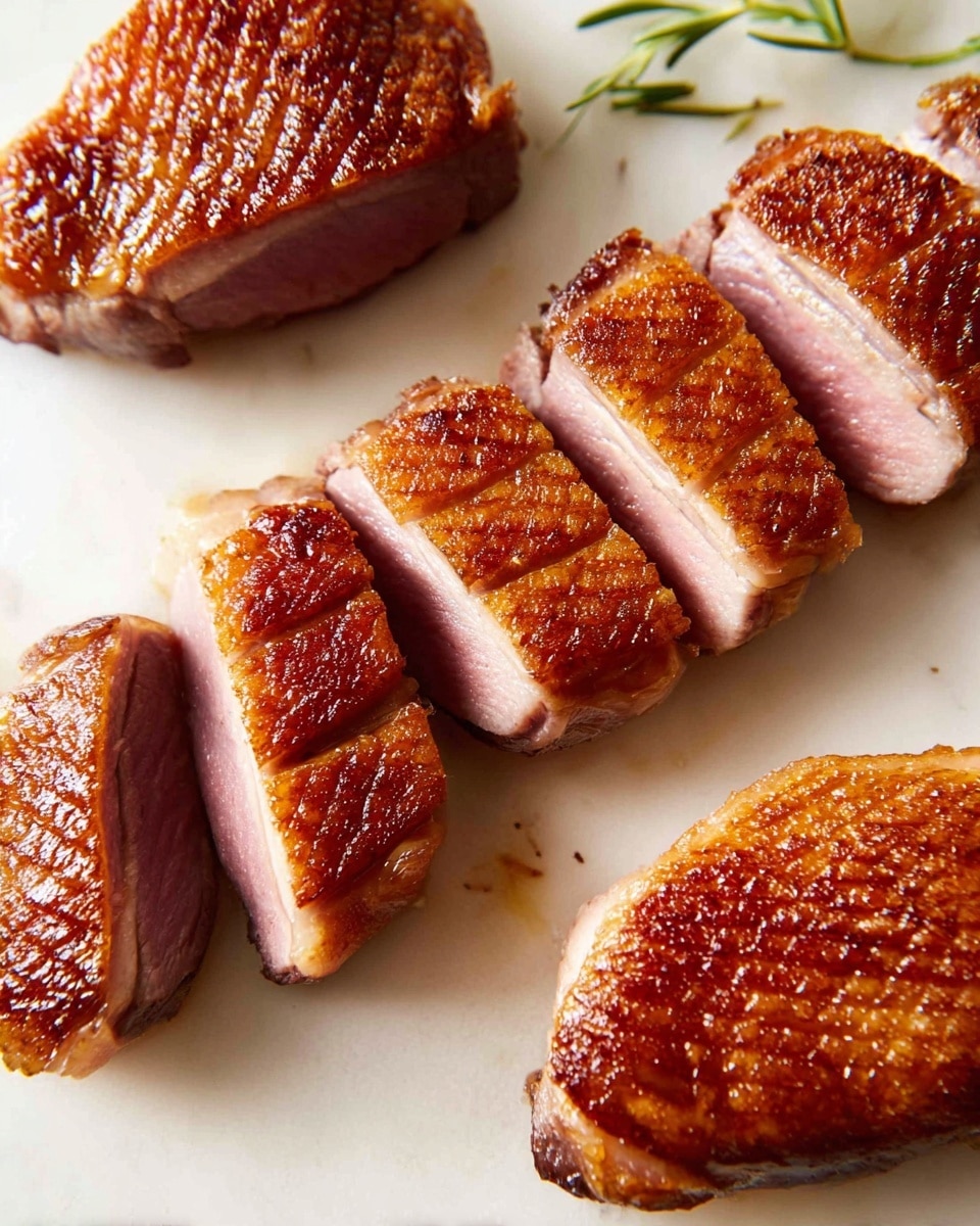 The image shows three pieces of cooked duck breast on a white marbled surface. One large piece is sliced into eight even pieces, revealing a pinkish inside with a golden-brown crispy layer of skin on top. The two other pieces are whole with the same crispy, rich brown skin and slightly uneven textures on top. The meat looks juicy and tender while the edges have a caramelized finish. Photo taken with an iphone --ar 4:5 --v 7