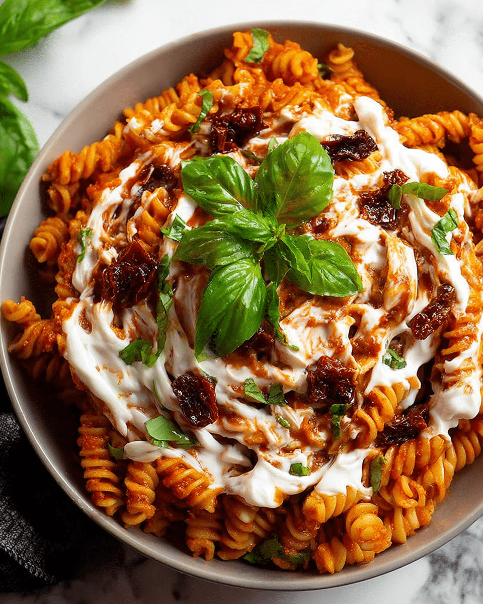 A bowl filled with a deep red-orange pasta made of rotini spirals coated in a thick tomato sauce forms the base layer. On top, there is a generous drizzle of smooth white cream or cheese sauce spread unevenly, creating a marbled effect with the tomato sauce. Scattered across are small dark red pieces that look like sun-dried tomatoes, along with finely chopped fresh green basil leaves. A few whole bright green basil sprigs are placed on top as garnish. The bowl is white, set on a background with a white marbled texture. Photo taken with an iphone --ar 4:5 --v 7